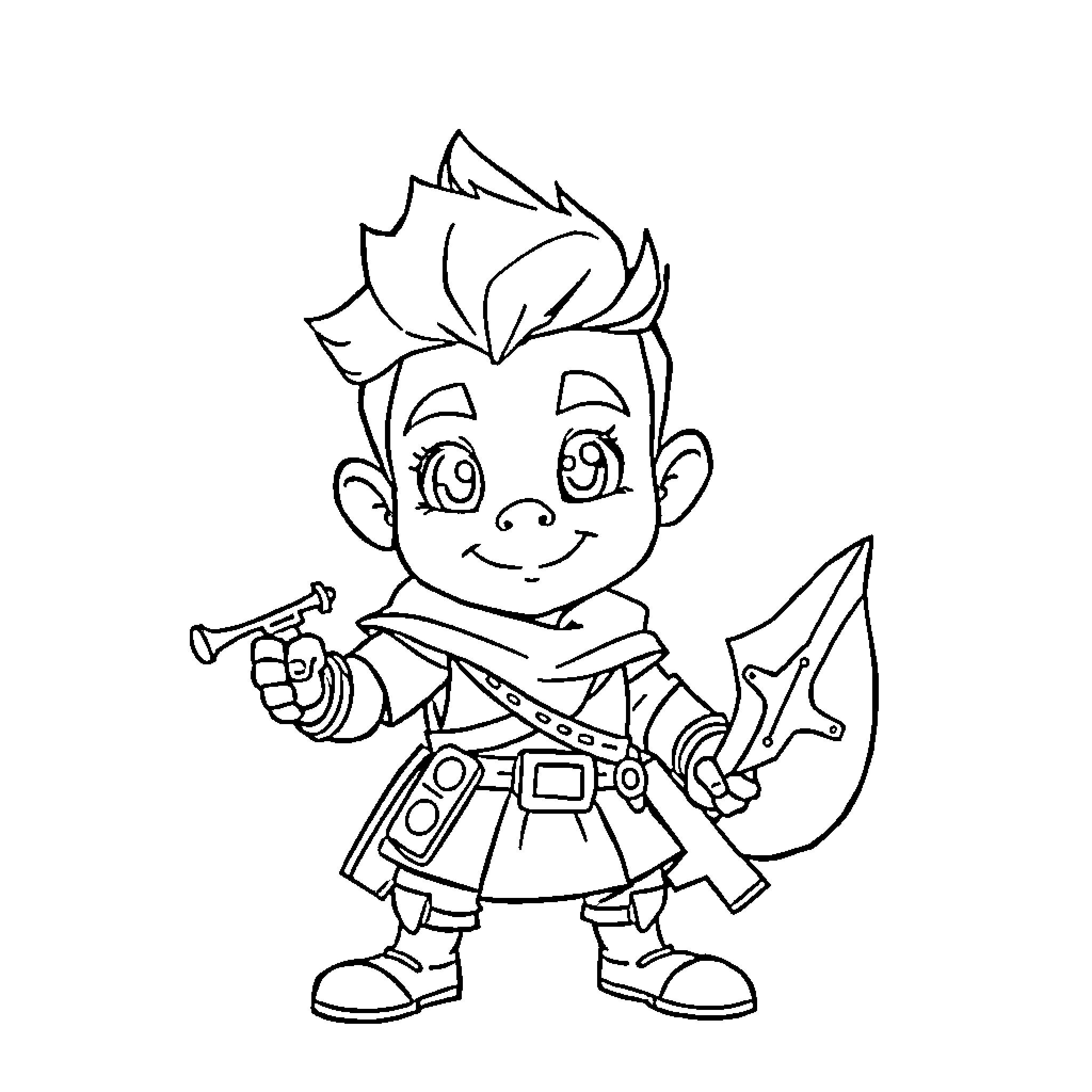 Warrior boy with adventurous outfit and weaponry Coloring Page (free black-and-white line drawing printable PDF for all, from beginners to advanced learners, including children, teens, adults, and seniors)
