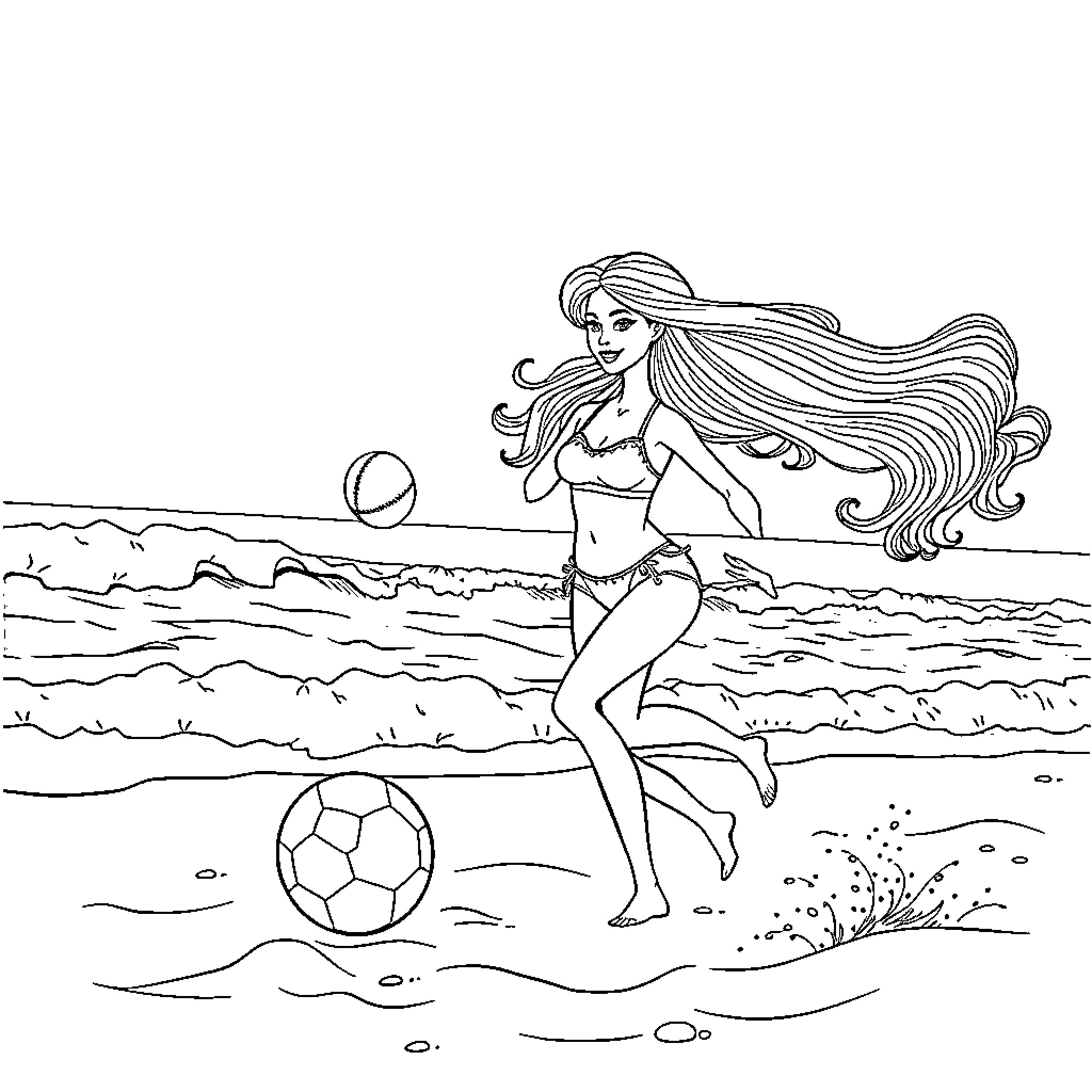 Barbie playing with beach ball on the shore Coloring Page (free black-and-white line drawing printable PDF for all, from beginners to advanced learners, including children, teens, adults, and seniors)