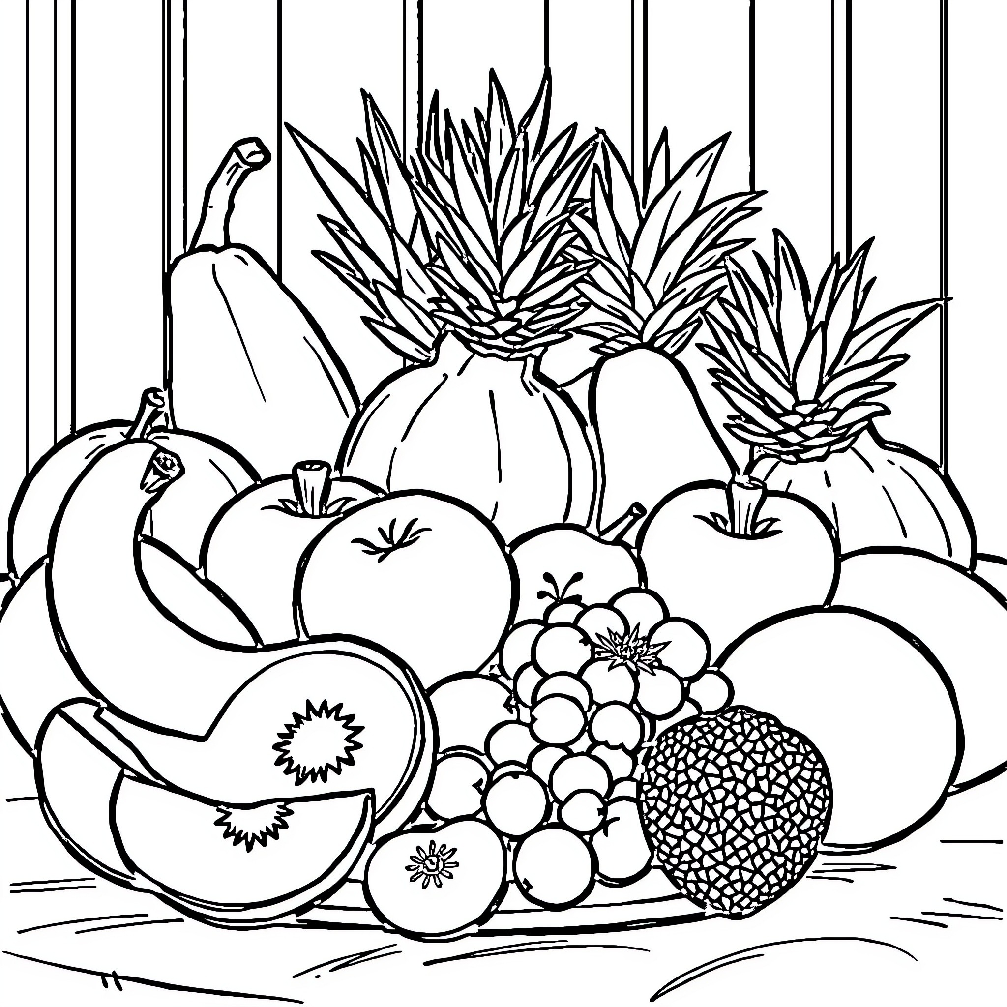 Fruit in a decorative arrangement Coloring Page (free black-and-white line drawing printable PDF for all, from beginners to advanced learners, including children, teens, adults, and seniors)