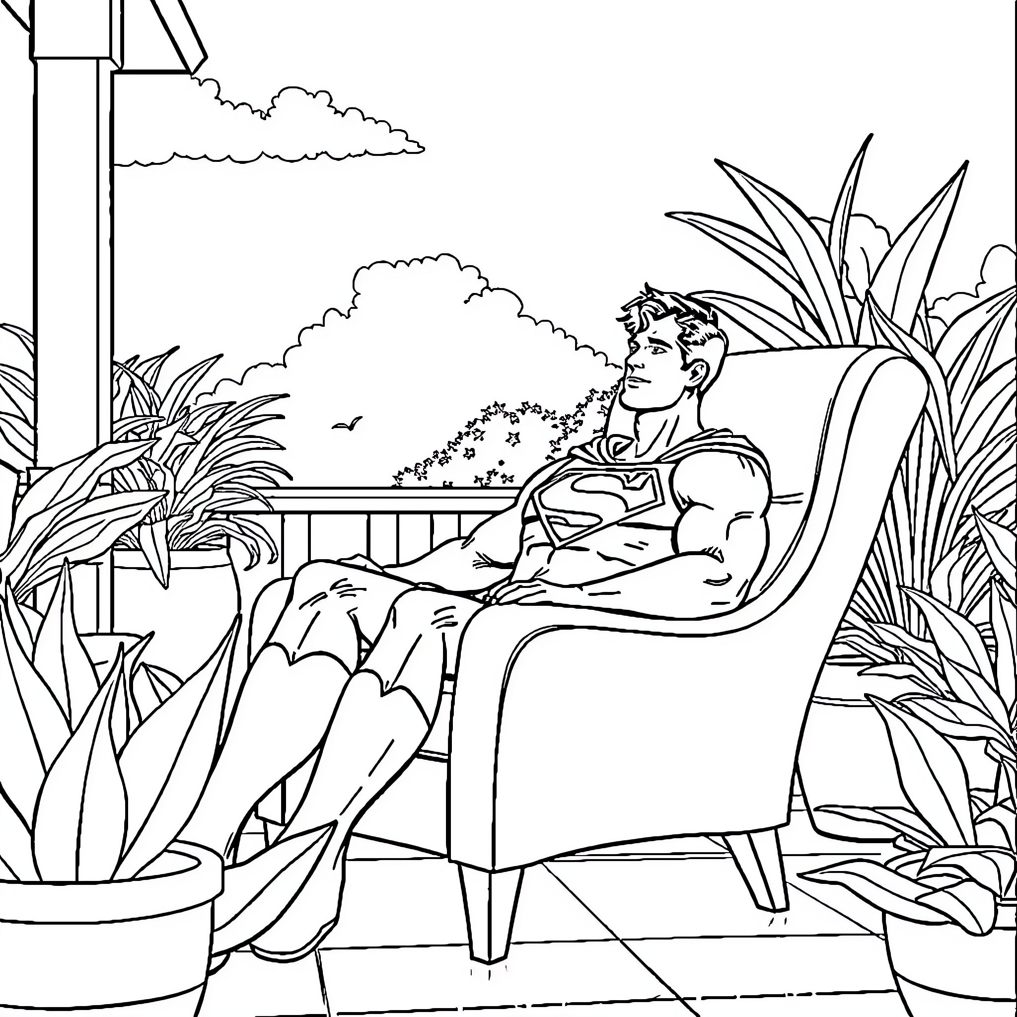 Superman enjoying a peaceful moment in the garden Coloring Page (free black-and-white line drawing printable PDF for all, from beginners to advanced learners, including children, teens, adults, and seniors)