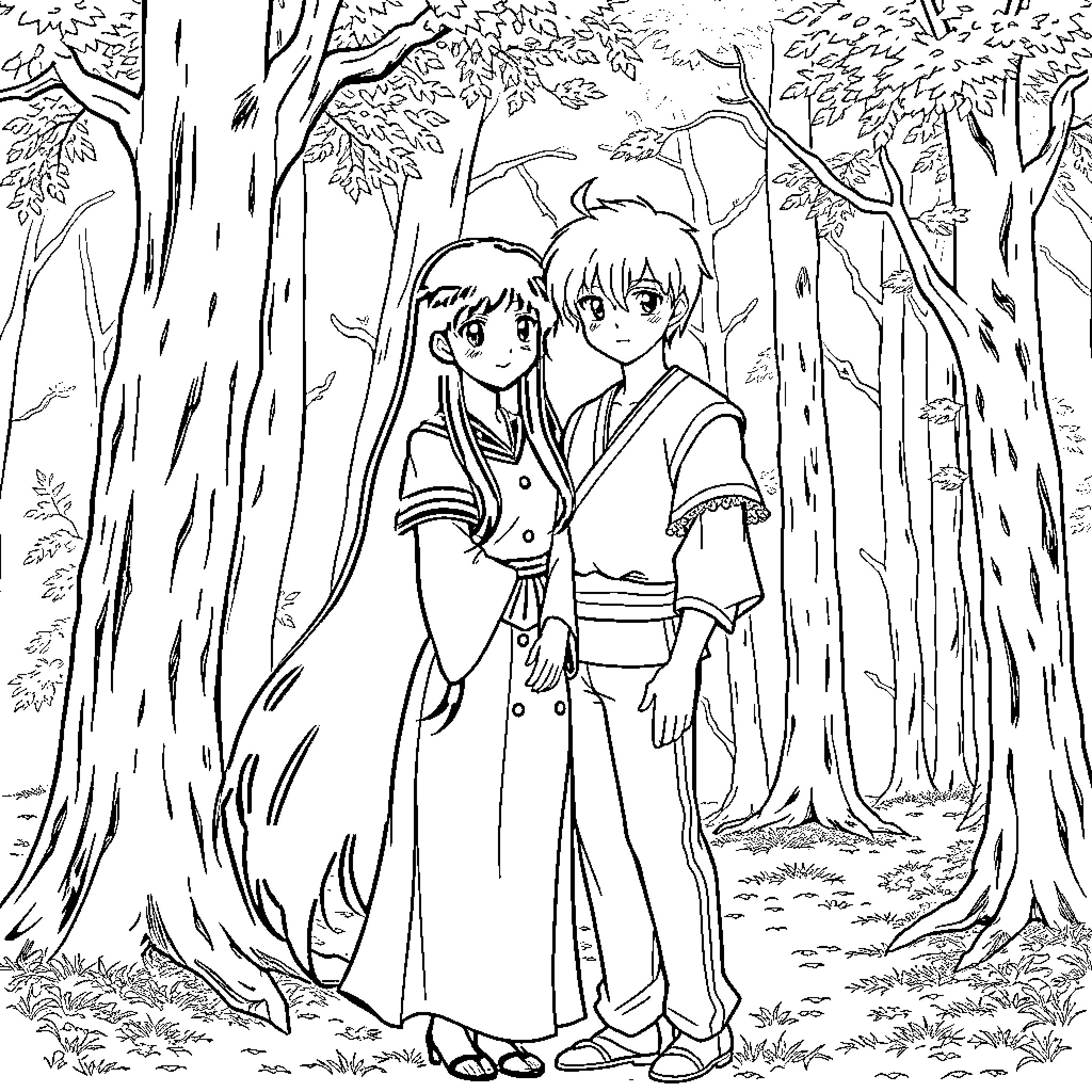 Kagome and Inuyasha enjoying a peaceful moment in the forest Coloring Page (free black-and-white line drawing printable PDF for all, from beginners to advanced learners, including children, teens, adults, and seniors)