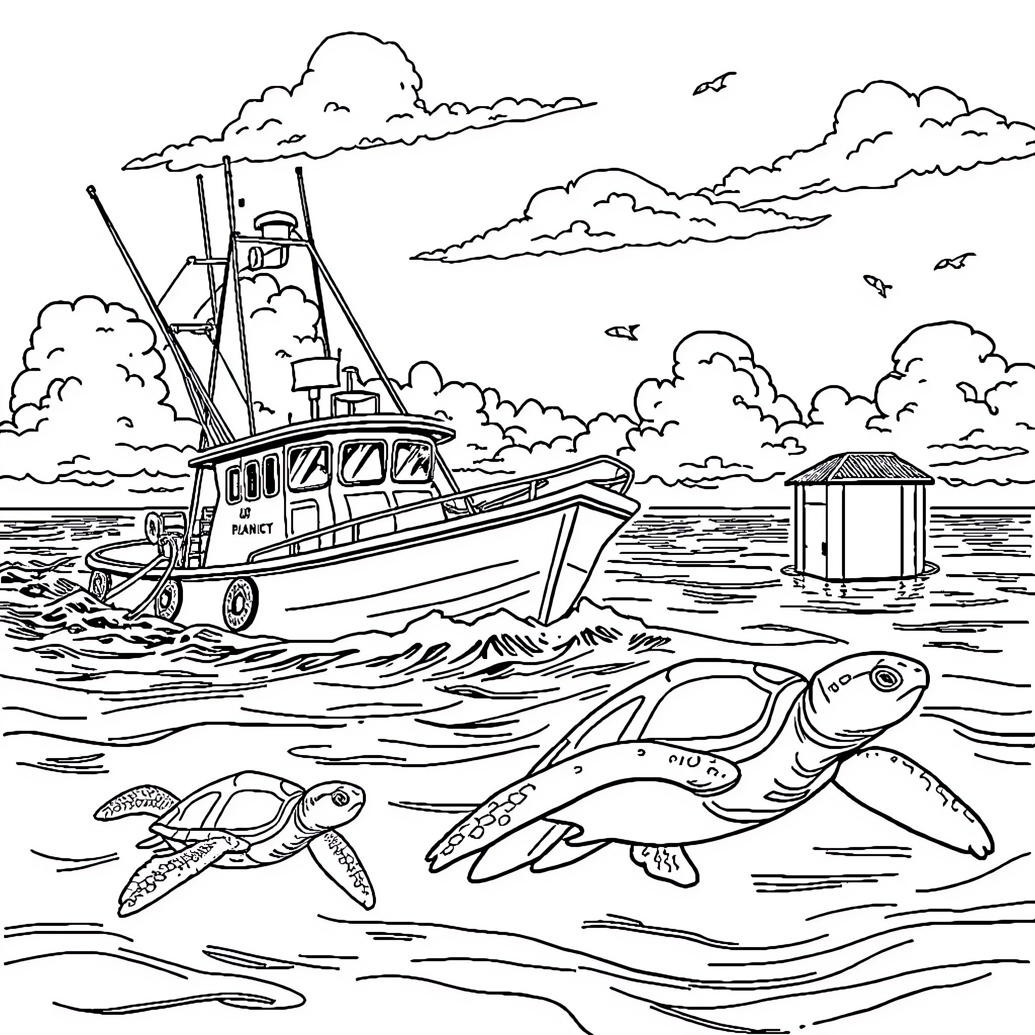 Shrimp Boat Sailing on Calm Seas with Marine Life Coloring Page (free black-and-white line drawing printable PDF for all, from beginners to advanced learners, including children, teens, adults, and seniors)