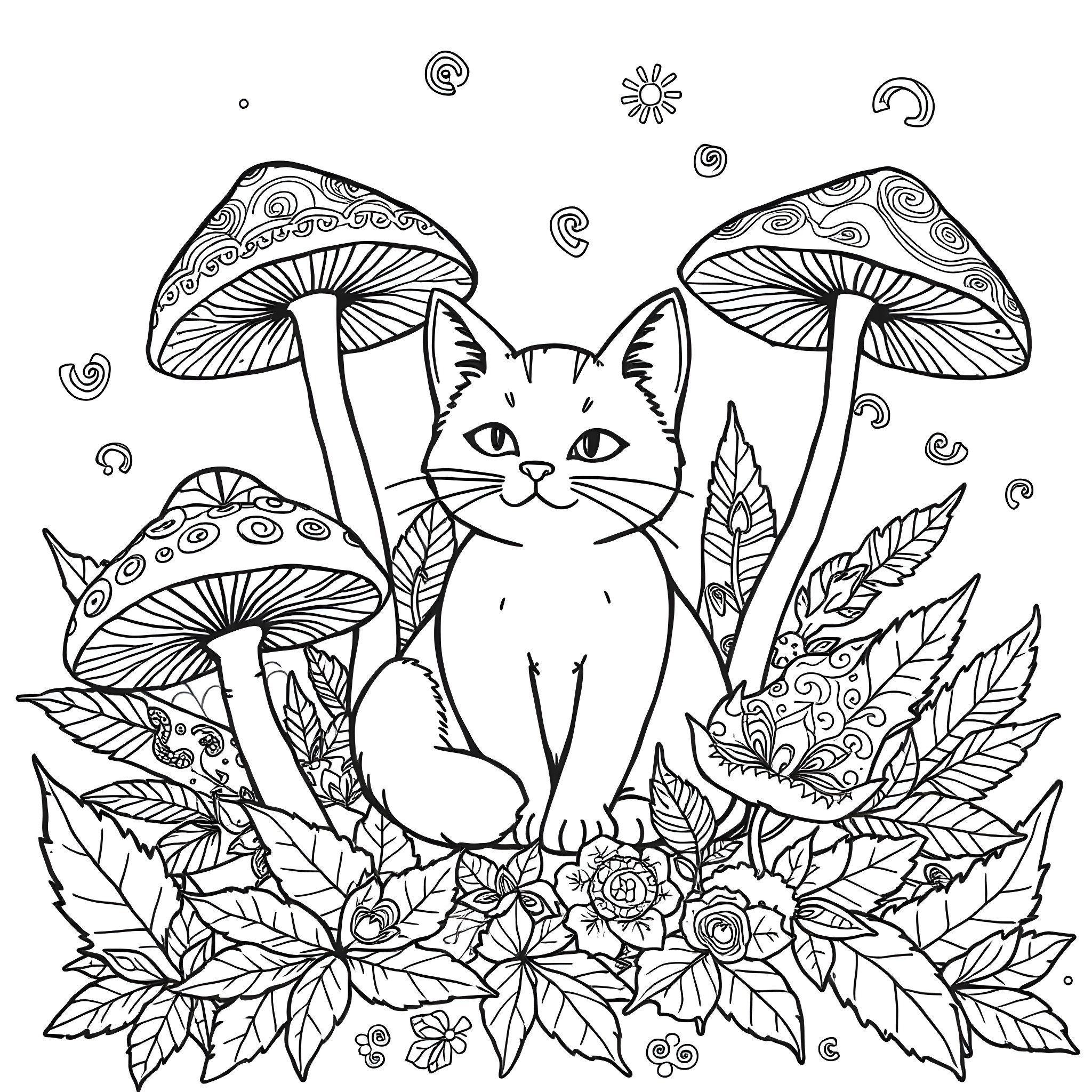Cat sitting amid mushrooms and floral foliage Coloring Page (free black-and-white line drawing printable PDF for all, from beginners to advanced learners, including children, teens, adults, and seniors)