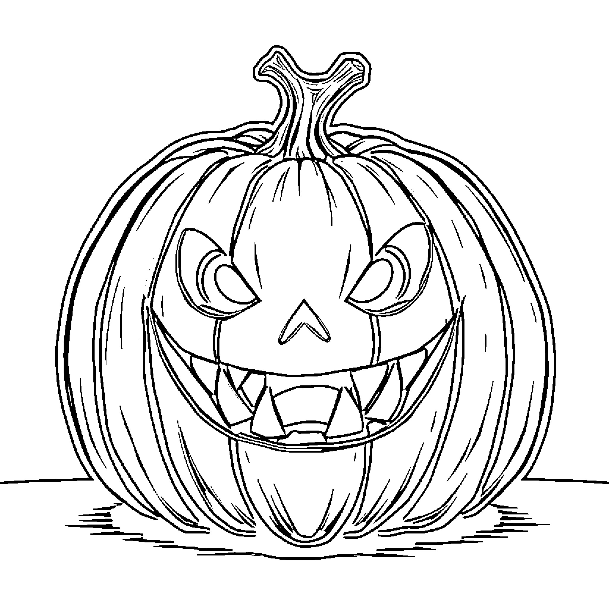 Pumpkin with scary jack-o'-lantern expression Coloring Page (free black-and-white line drawing printable PDF for all, from beginners to advanced learners, including children, teens, adults, and seniors)