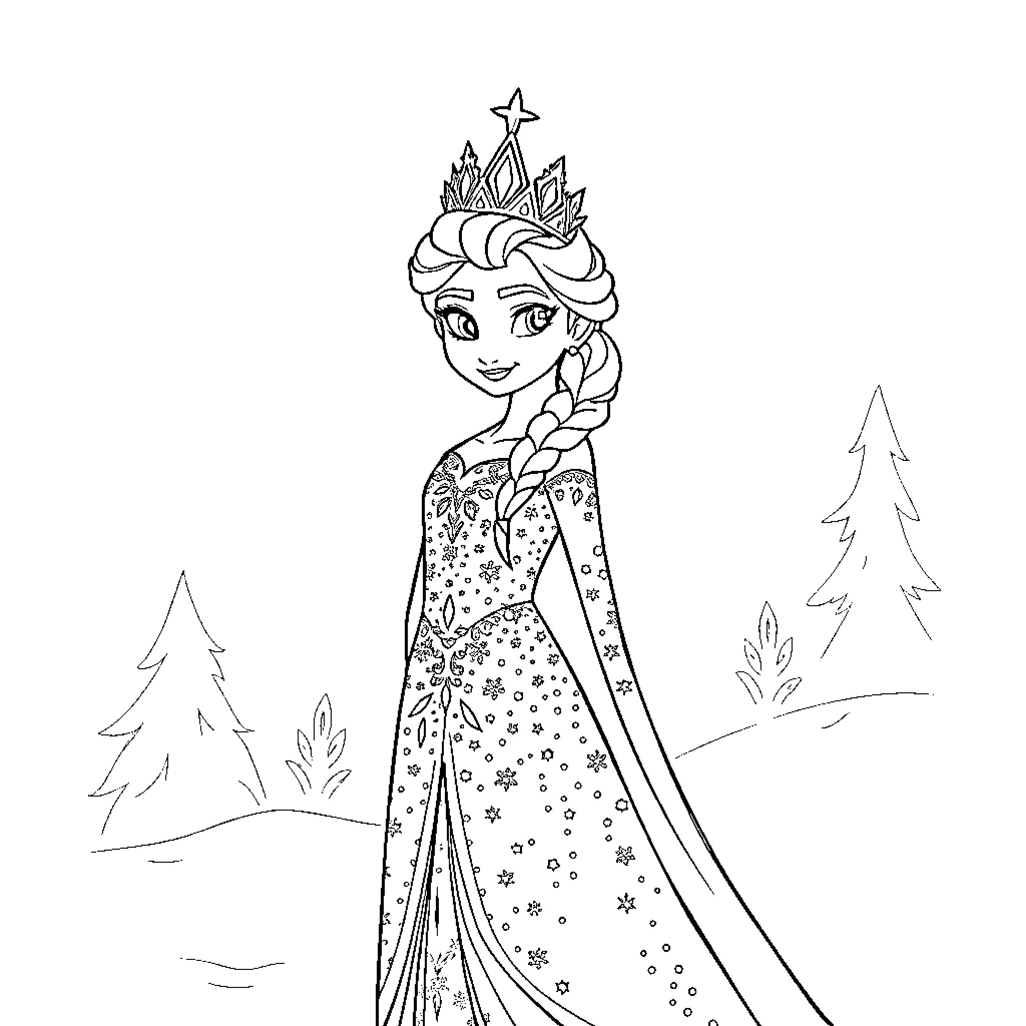 Elsa in a snowflake-patterned dress posing in a winter scene Coloring Page (free black-and-white line drawing printable PDF for all, from beginners to advanced learners, including children, teens, adults, and seniors)