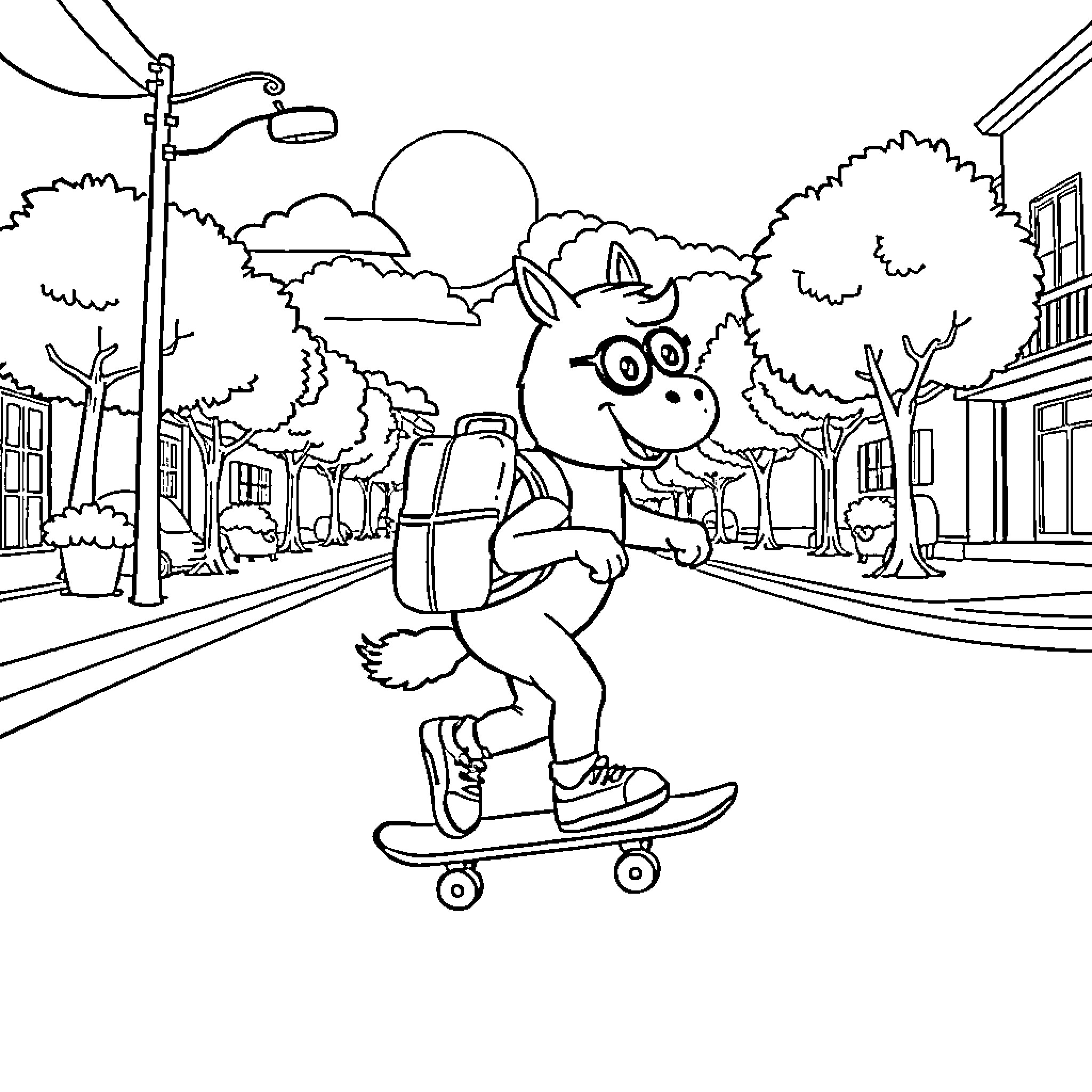 Quokka riding a skateboard in the city Coloring Page (free black-and-white line drawing printable PDF for all, from beginners to advanced learners, including children, teens, adults, and seniors)