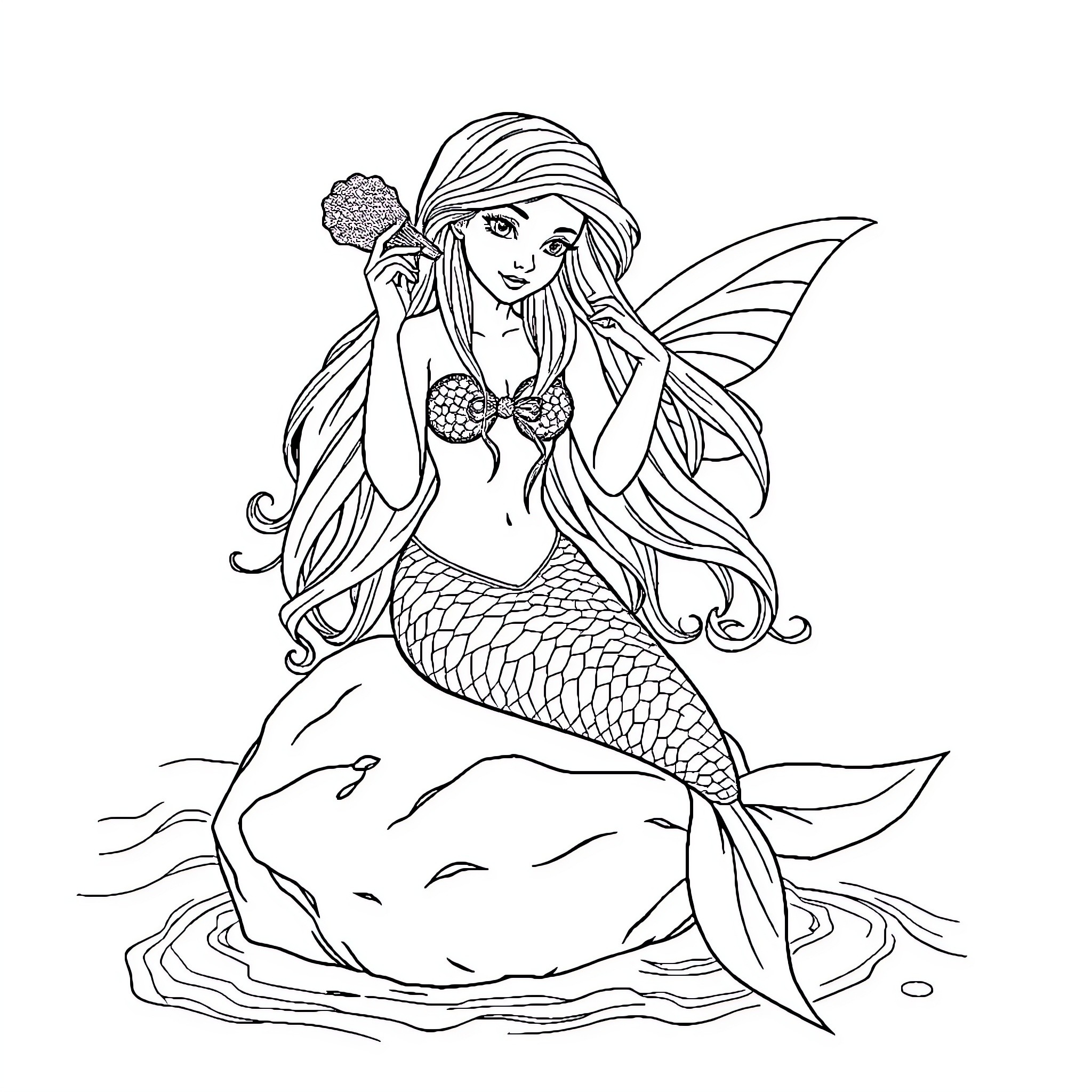 Mermaid lounging on a rock with flowers Coloring Page (free black-and-white line drawing printable PDF for all, from beginners to advanced learners, including children, teens, adults, and seniors)