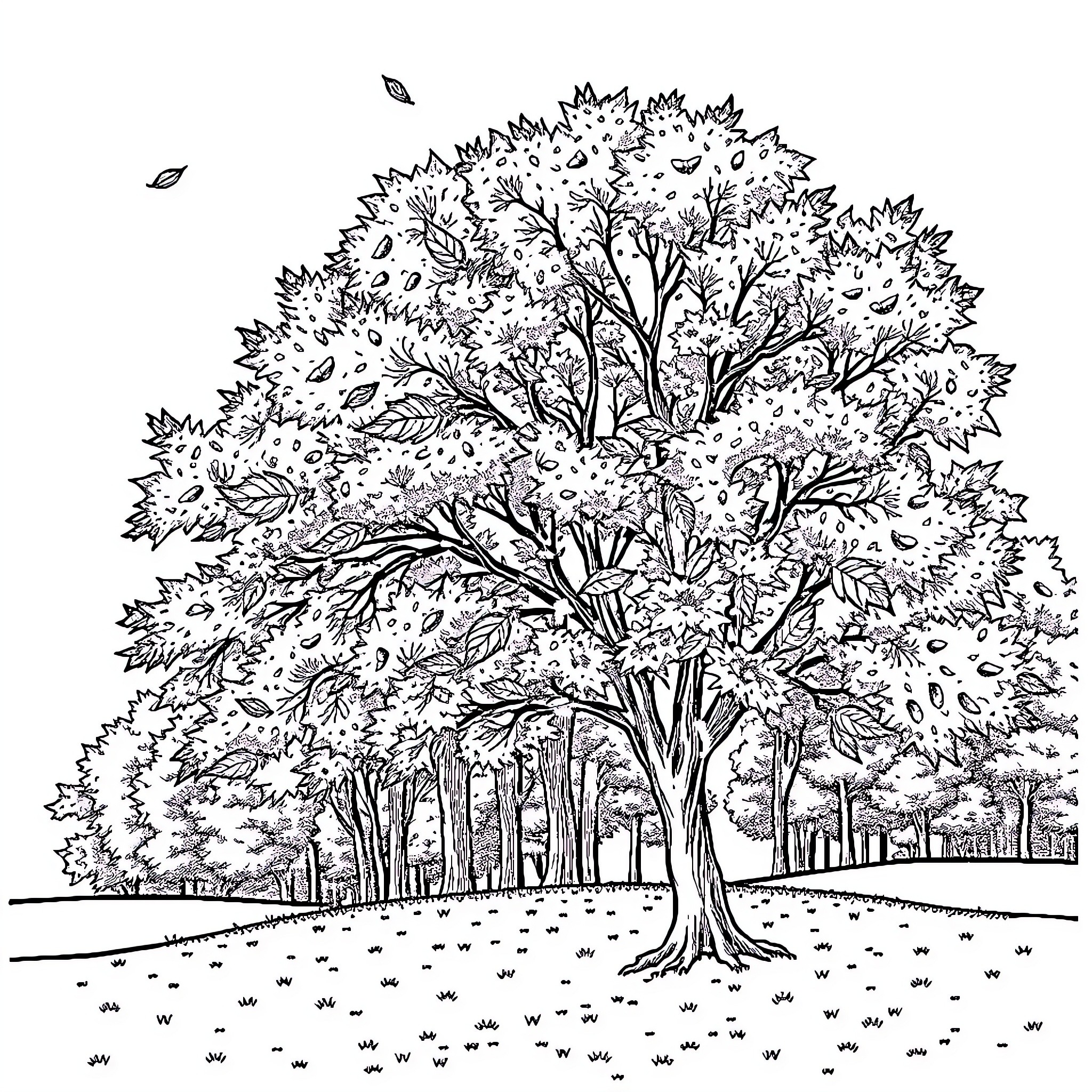 September Trees Shedding Leaves on Grassy Field Coloring Page (free black-and-white line drawing printable PDF for all, from beginners to advanced learners, including children, teens, adults, and seniors)