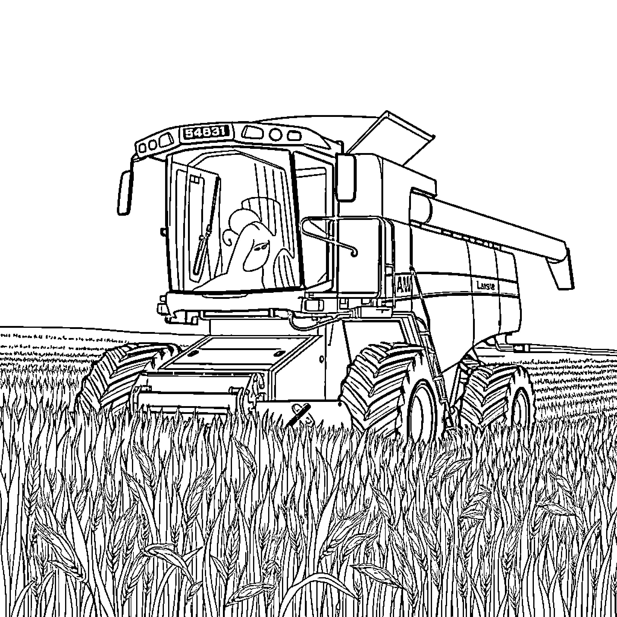Harvester working in the field Coloring Page (free black-and-white line drawing printable PDF for all, from beginners to advanced learners, including children, teens, adults, and seniors)