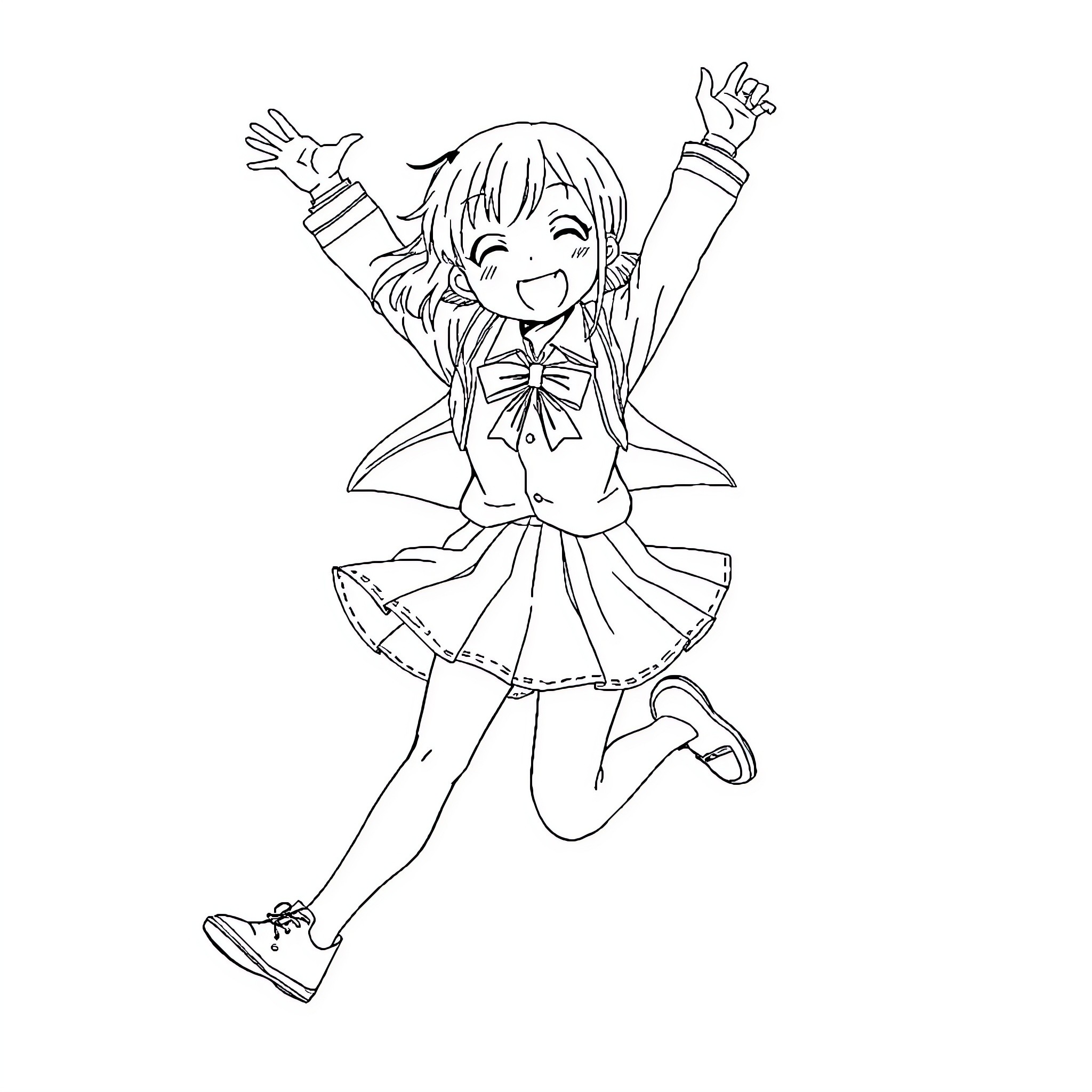 Anime Girl Cheerfully Jumping in Dress Coloring Page (free black-and-white line drawing printable PDF for all, from beginners to advanced learners, including children, teens, adults, and seniors)