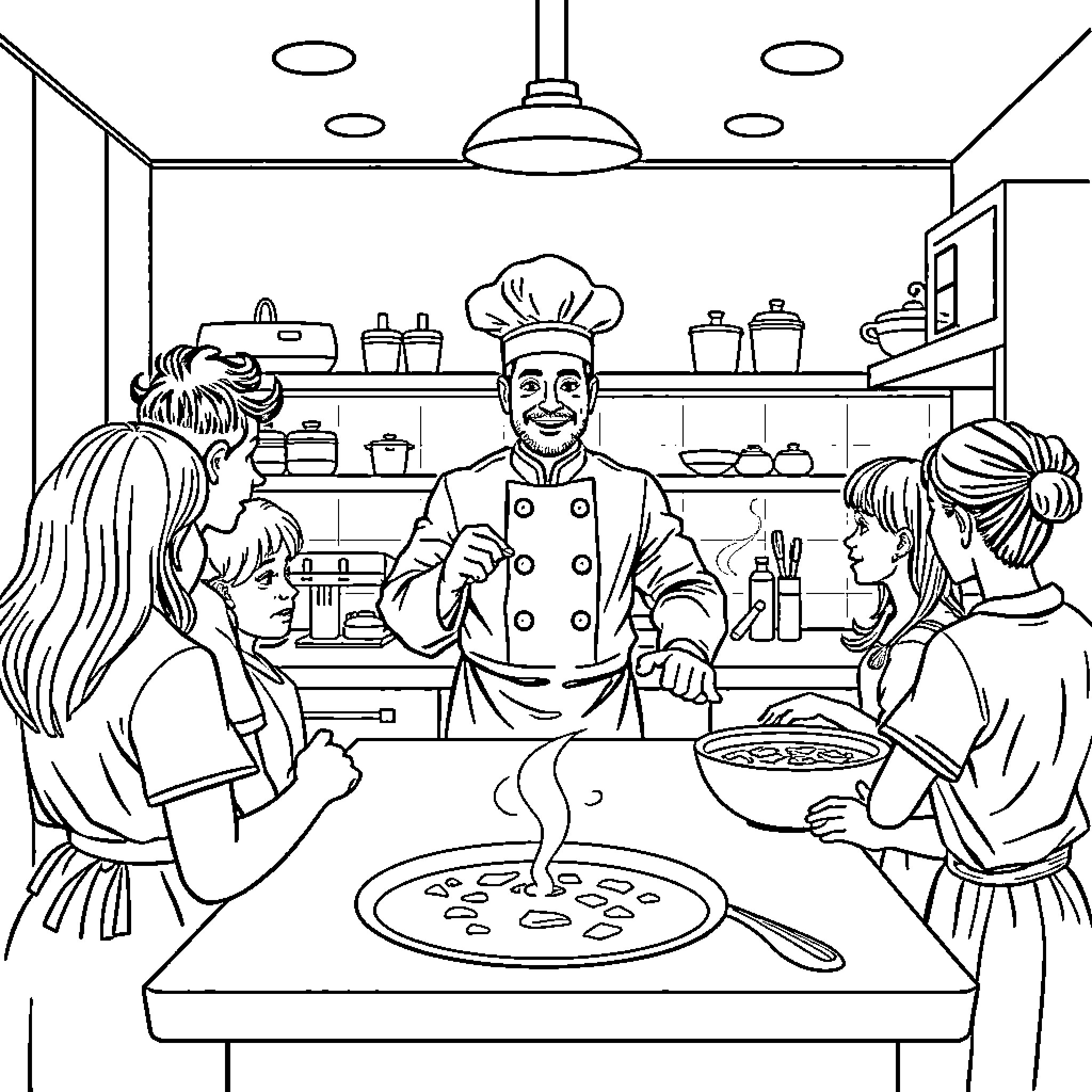 Chef guiding students in a cooking class Coloring Page (free black-and-white line drawing printable PDF for all, from beginners to advanced learners, including children, teens, adults, and seniors)