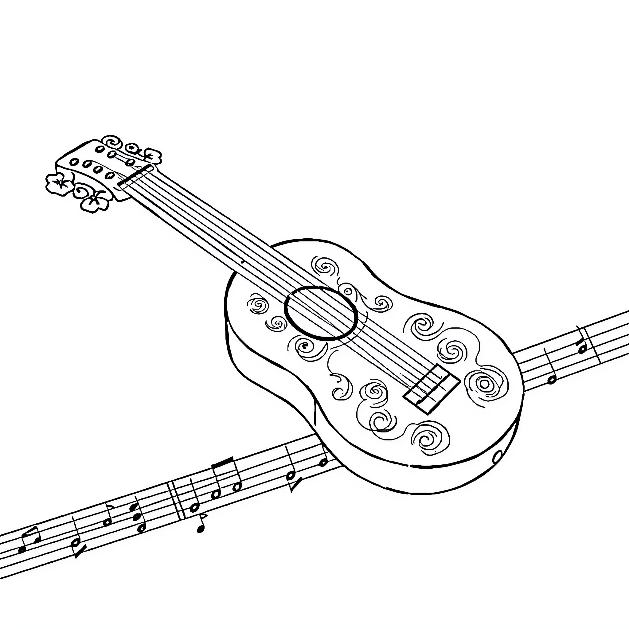 Cle de Sol: Whimsical Guitar with Musical Notes Coloring Page (free black-and-white line drawing printable PDF for all, from beginners to advanced learners, including children, teens, adults, and seniors)