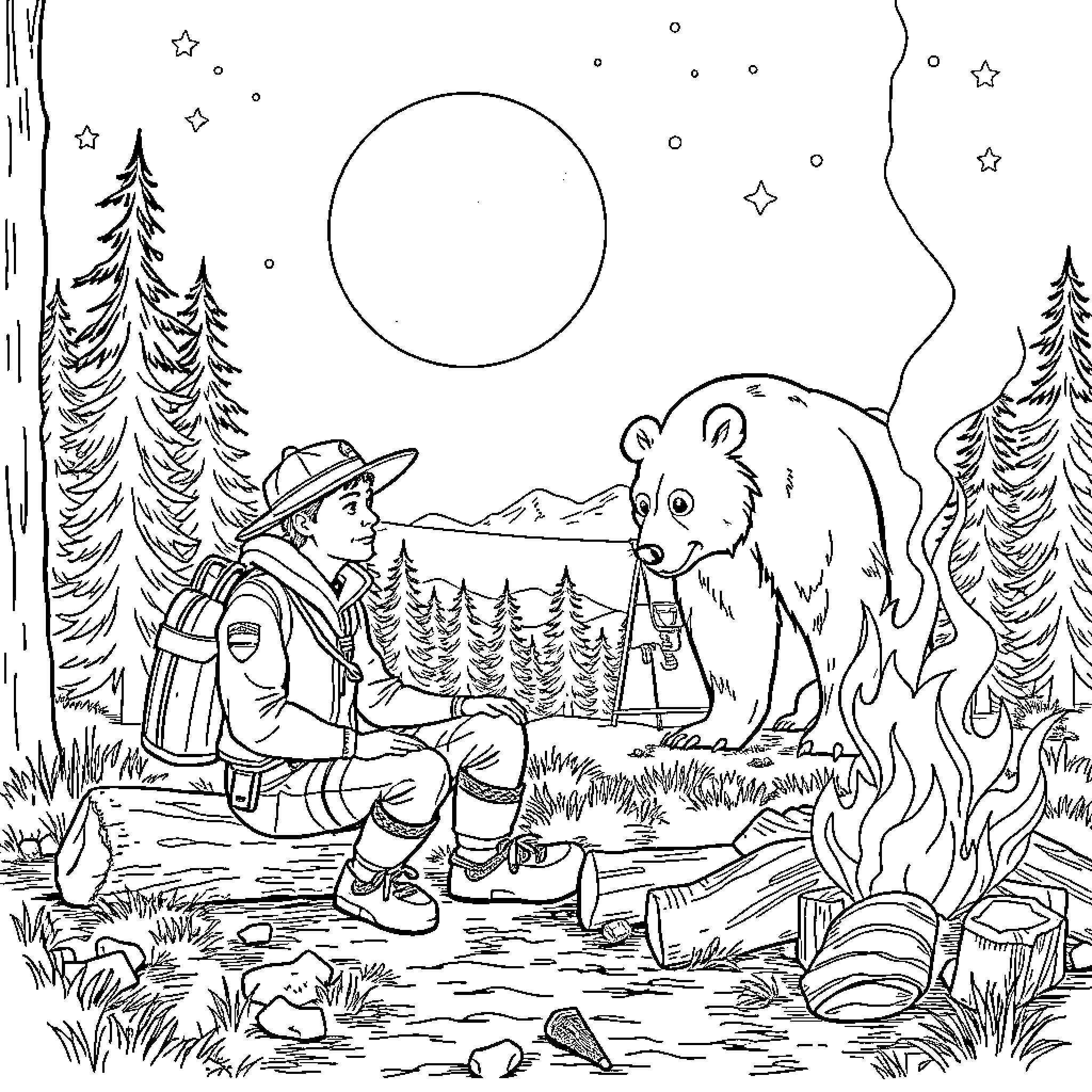 Scout encounters a curious bear in the wilderness Coloring Page (free black-and-white line drawing printable PDF for all, from beginners to advanced learners, including children, teens, adults, and seniors)