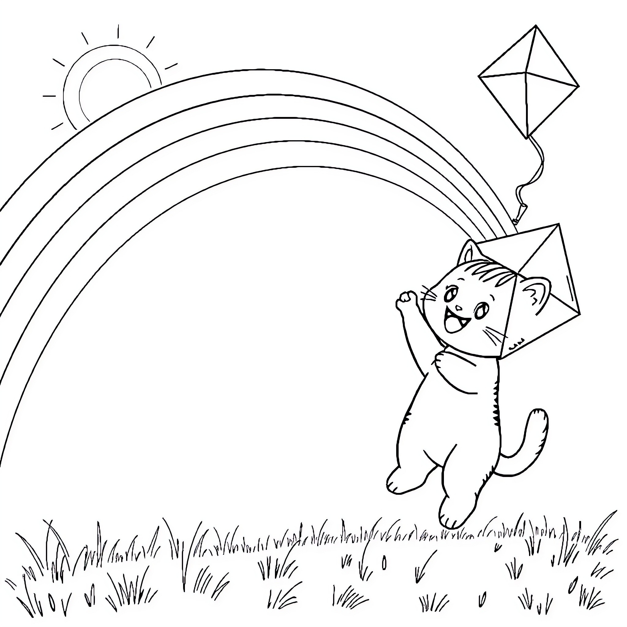 Kitty playing with a kite on a sunny day Coloring Page (free black-and-white line drawing printable PDF for all, from beginners to advanced learners, including children, teens, adults, and seniors)