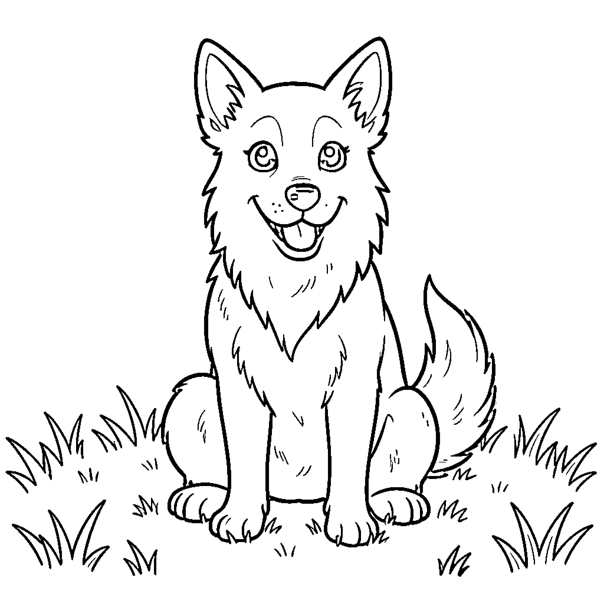 Blue Healer sitting in the grass Coloring Page (free black-and-white line drawing printable PDF for all, from beginners to advanced learners, including children, teens, adults, and seniors)