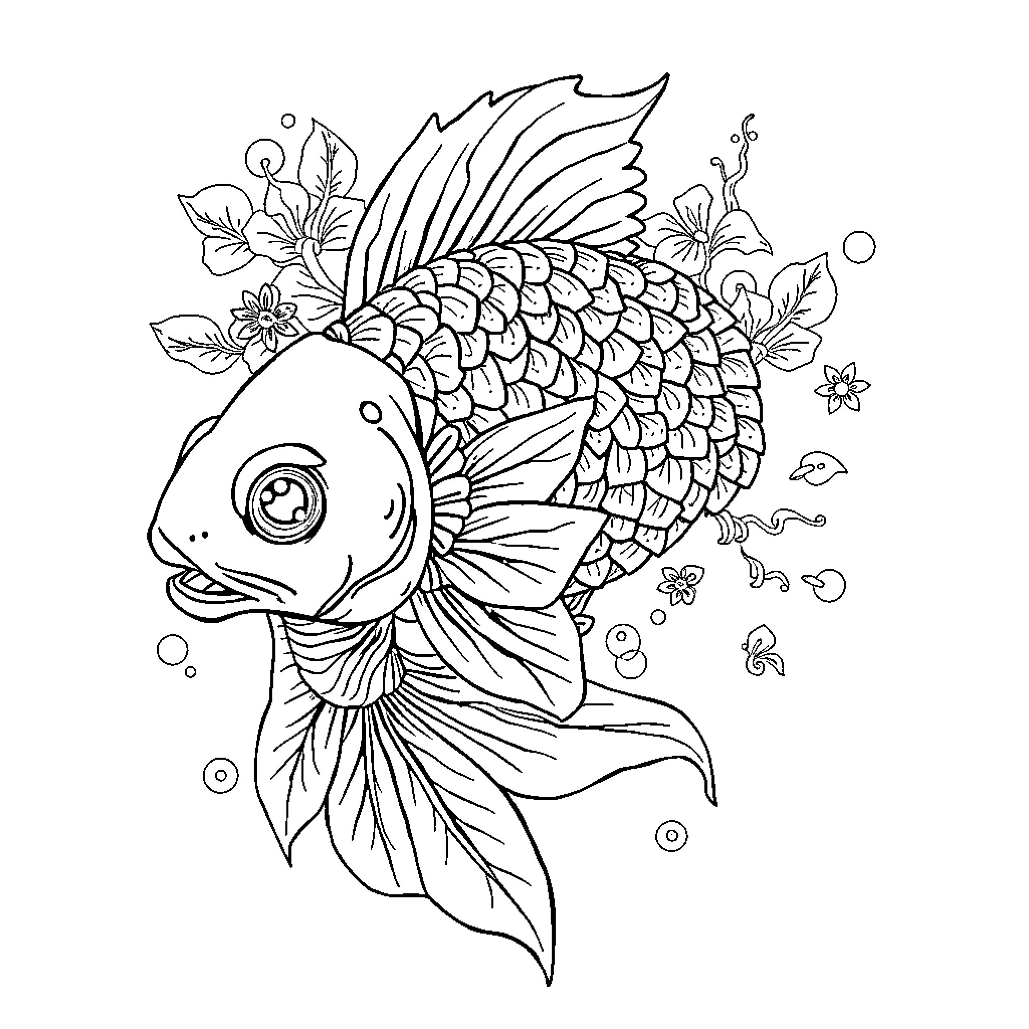 Koi fish swimming amidst floral elements Coloring Page (free black-and-white line drawing printable PDF for all, from beginners to advanced learners, including children, teens, adults, and seniors)