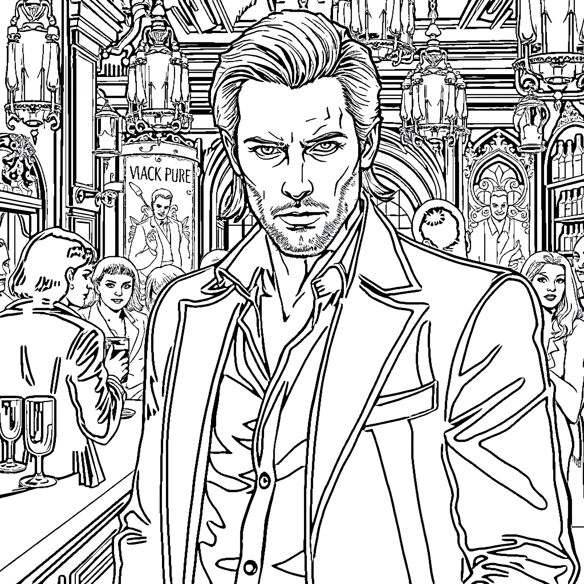 Alexander Skarsgard in a stylized urban setting Coloring Page (free black-and-white line drawing printable PDF for all, from beginners to advanced learners, including children, teens, adults, and seniors)