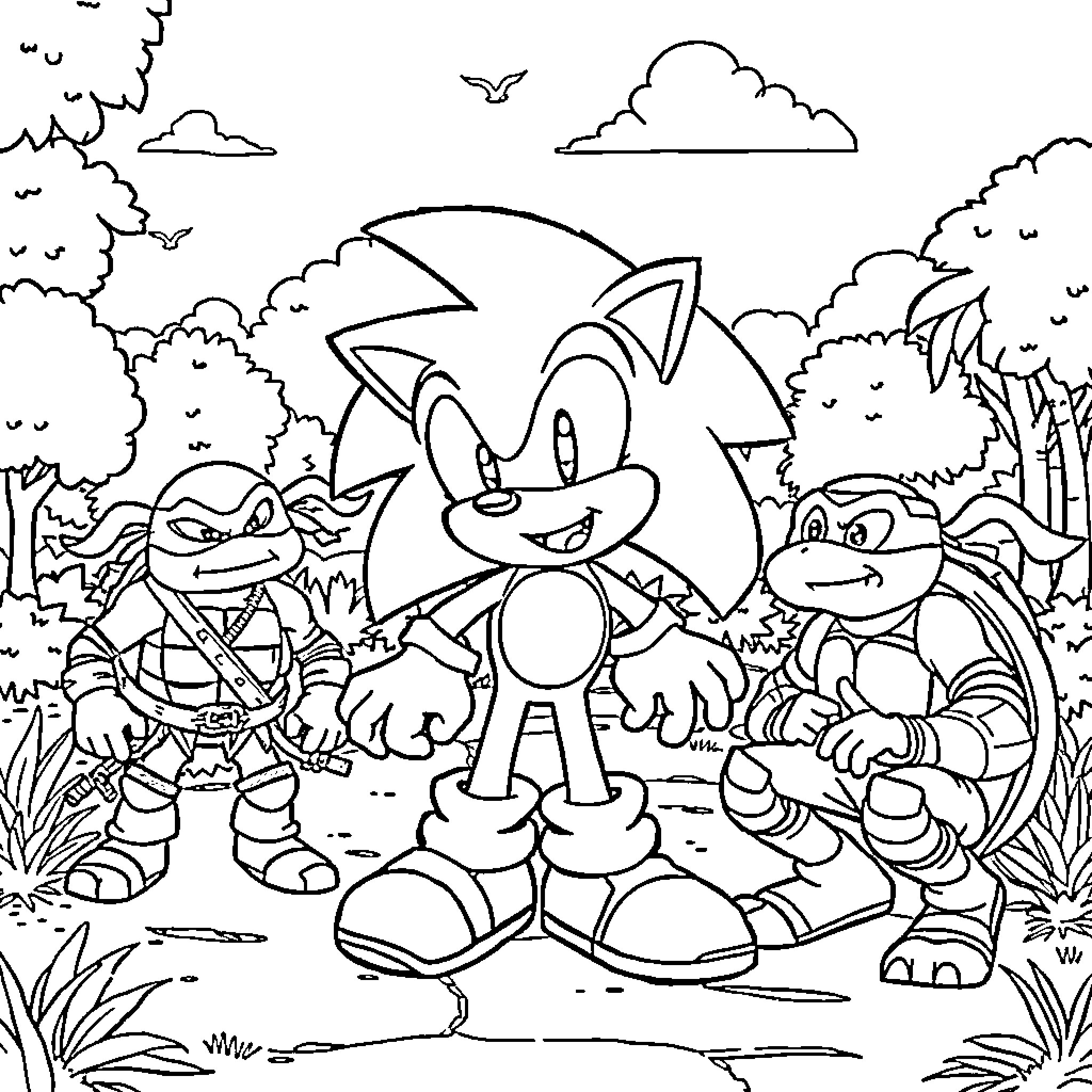 Sonic and friends explore the lush outdoor scene Coloring Page (free black-and-white line drawing printable PDF for all, from beginners to advanced learners, including children, teens, adults, and seniors)
