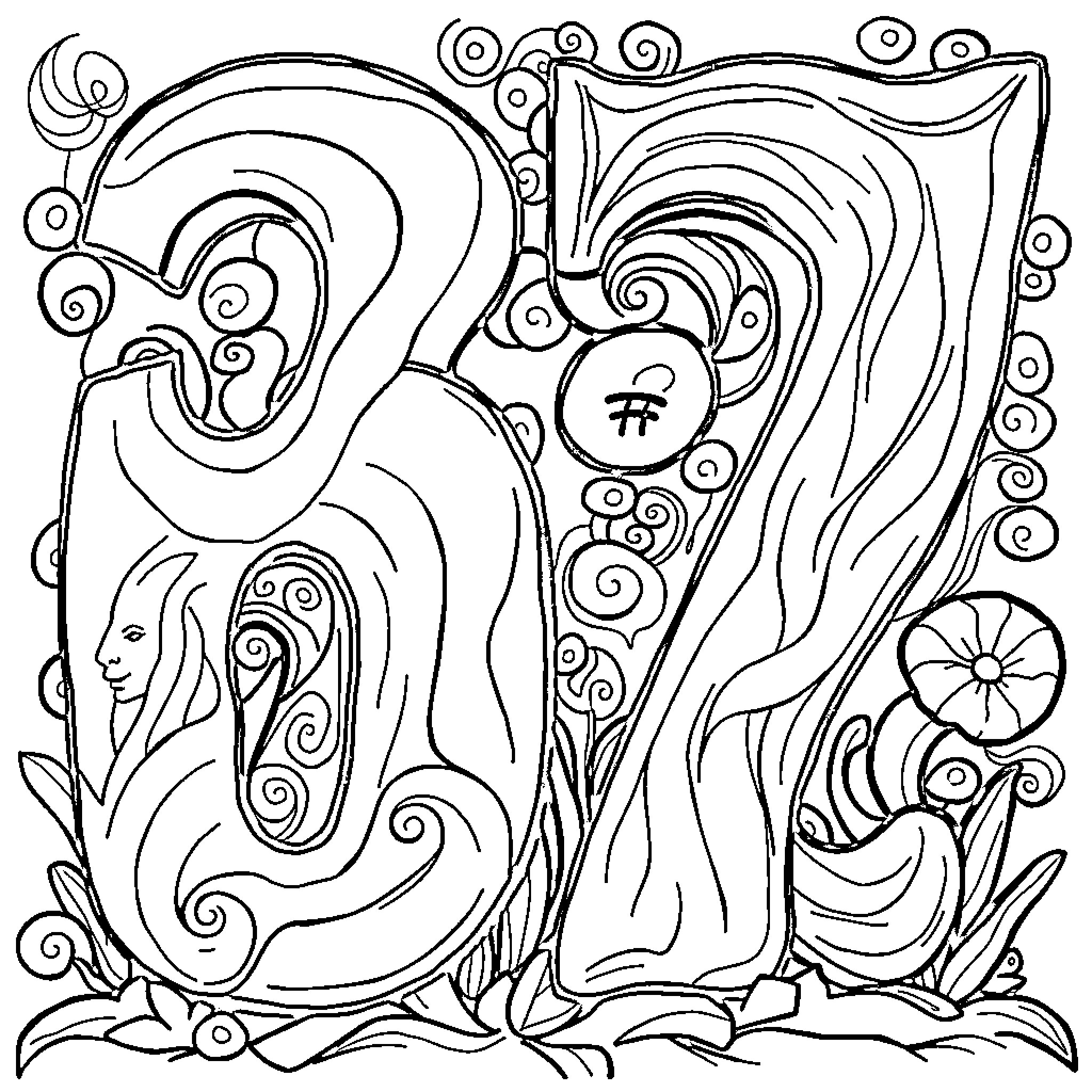 Number 23 - Abstract Swirling Patterns Coloring Page (free black-and-white line drawing printable PDF for all, from beginners to advanced learners, including children, teens, adults, and seniors)
