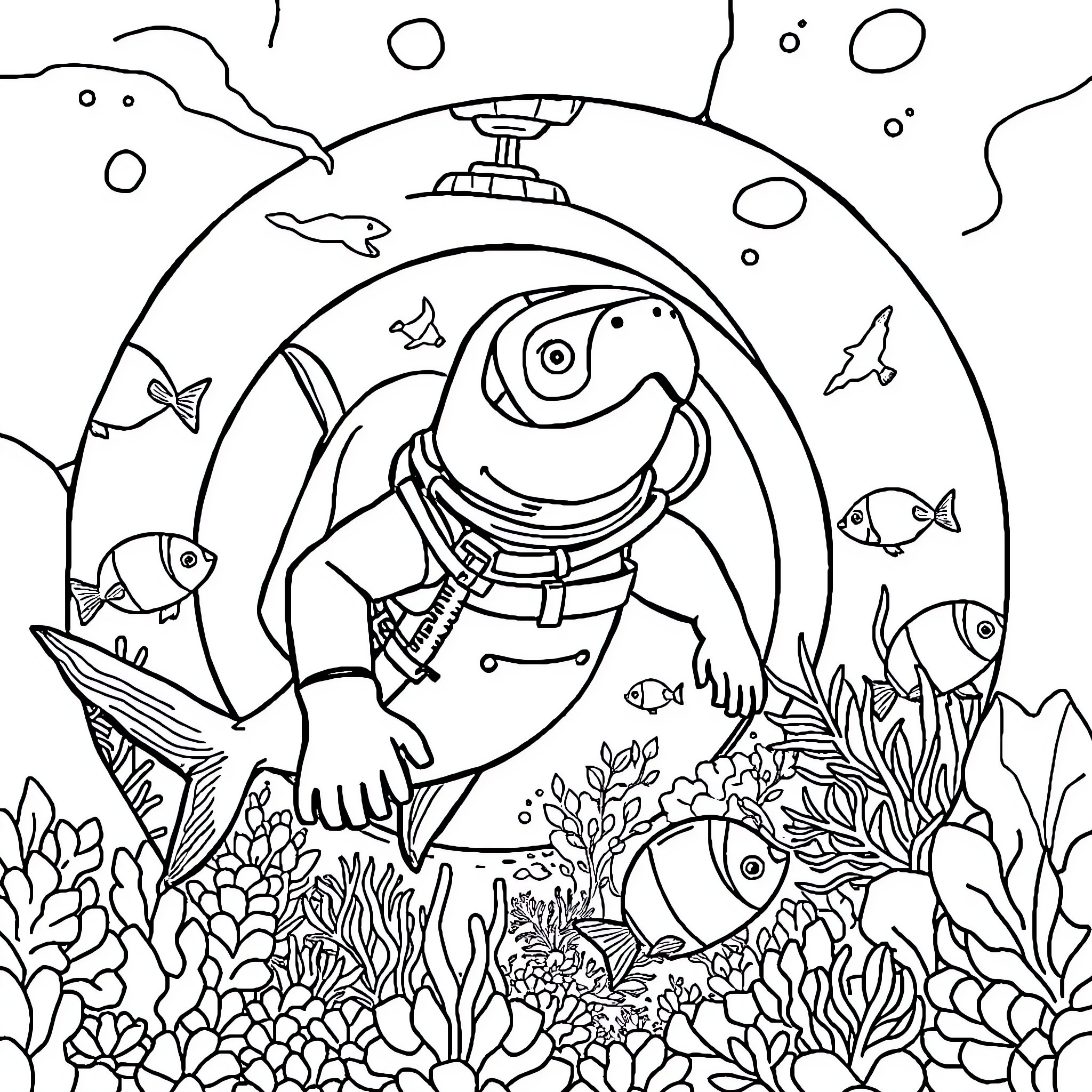 Perro subacuático explorando el fondo marino Coloring Page (free black-and-white line drawing printable PDF for all, from beginners to advanced learners, including children, teens, adults, and seniors)