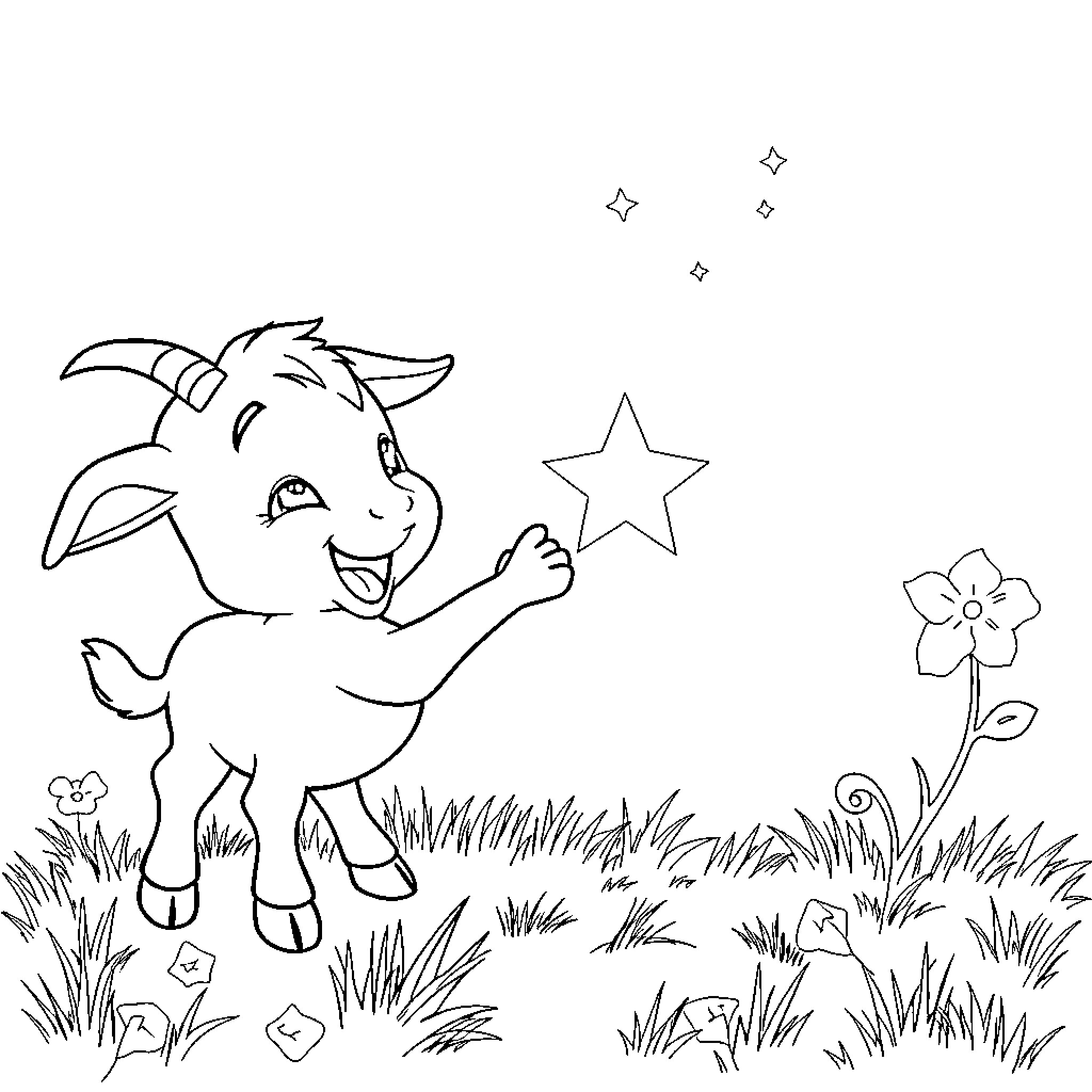 Goat excitedly chasing stars in a grassy field Coloring Page (free black-and-white line drawing printable PDF for all, from beginners to advanced learners, including children, teens, adults, and seniors)