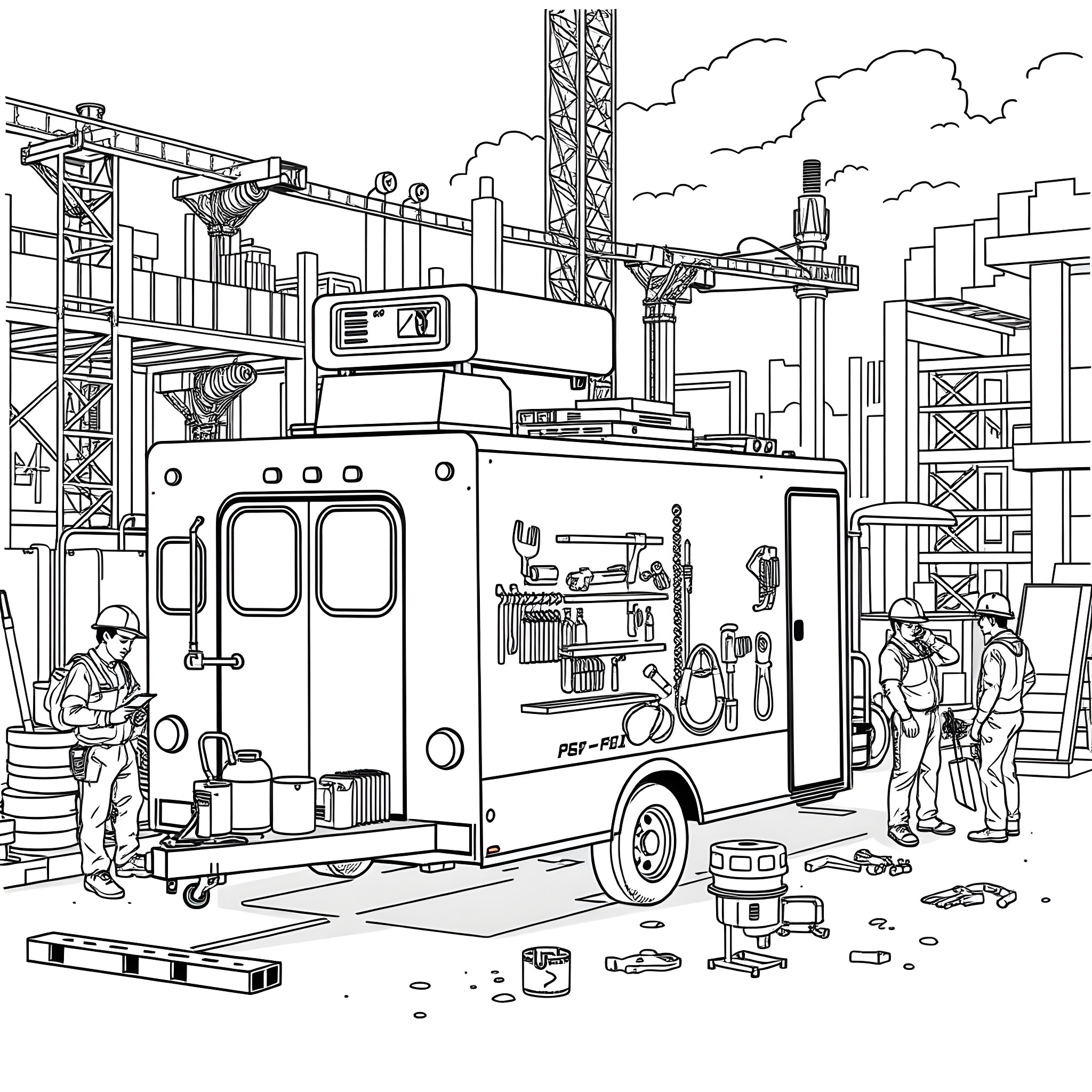 Service Trailer on a Construction Site Coloring Page (free black-and-white line drawing printable PDF for all, from beginners to advanced learners, including children, teens, adults, and seniors)