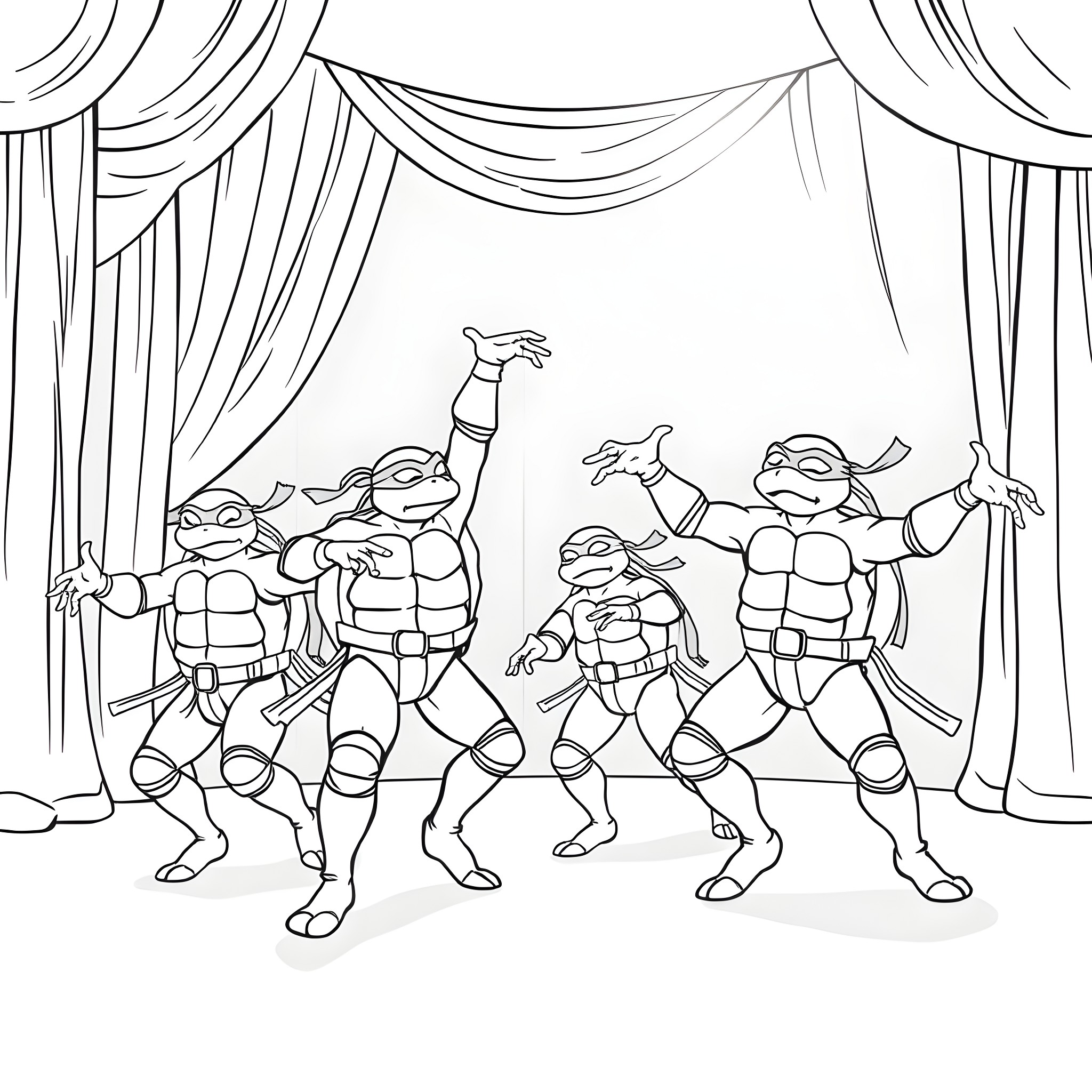 Ninja Turtles performing on stage Coloring Page (free black-and-white line drawing printable PDF for all, from beginners to advanced learners, including children, teens, adults, and seniors)