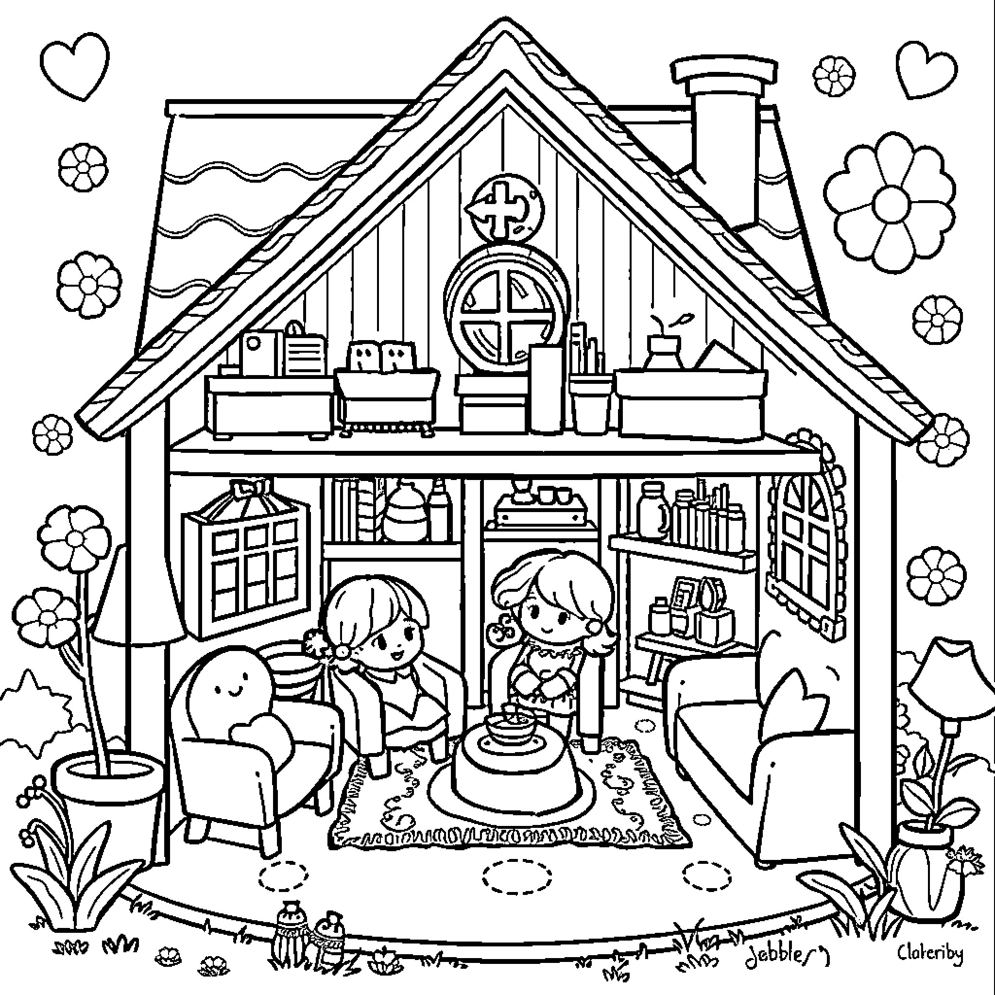 Dollhouse with cozy family scene Coloring Page (free black-and-white line drawing printable PDF for all, from beginners to advanced learners, including children, teens, adults, and seniors)