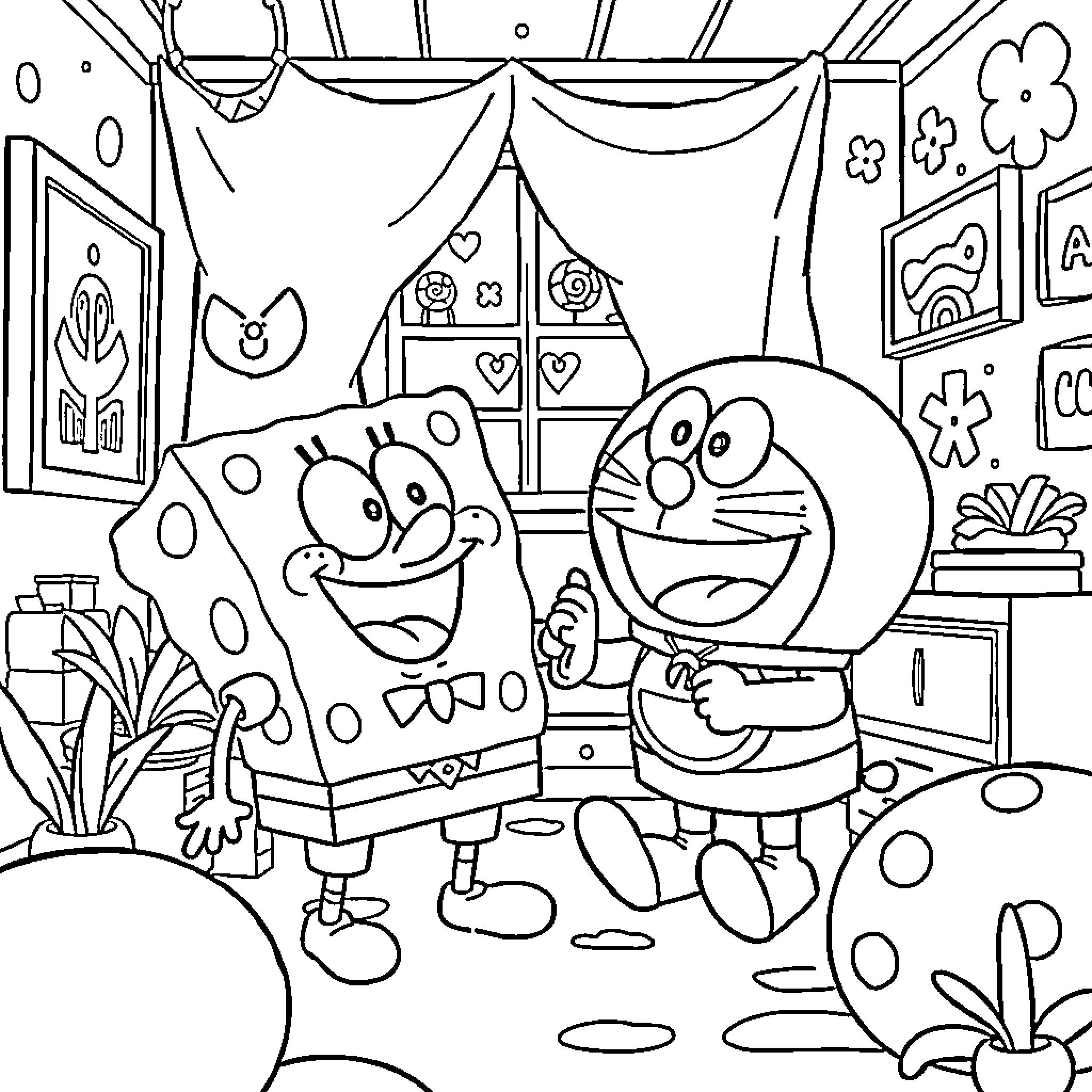 Bob Sponge and Doraemon relaxing in their cozy home Coloring Page (free black-and-white line drawing printable PDF for all, from beginners to advanced learners, including children, teens, adults, and seniors)