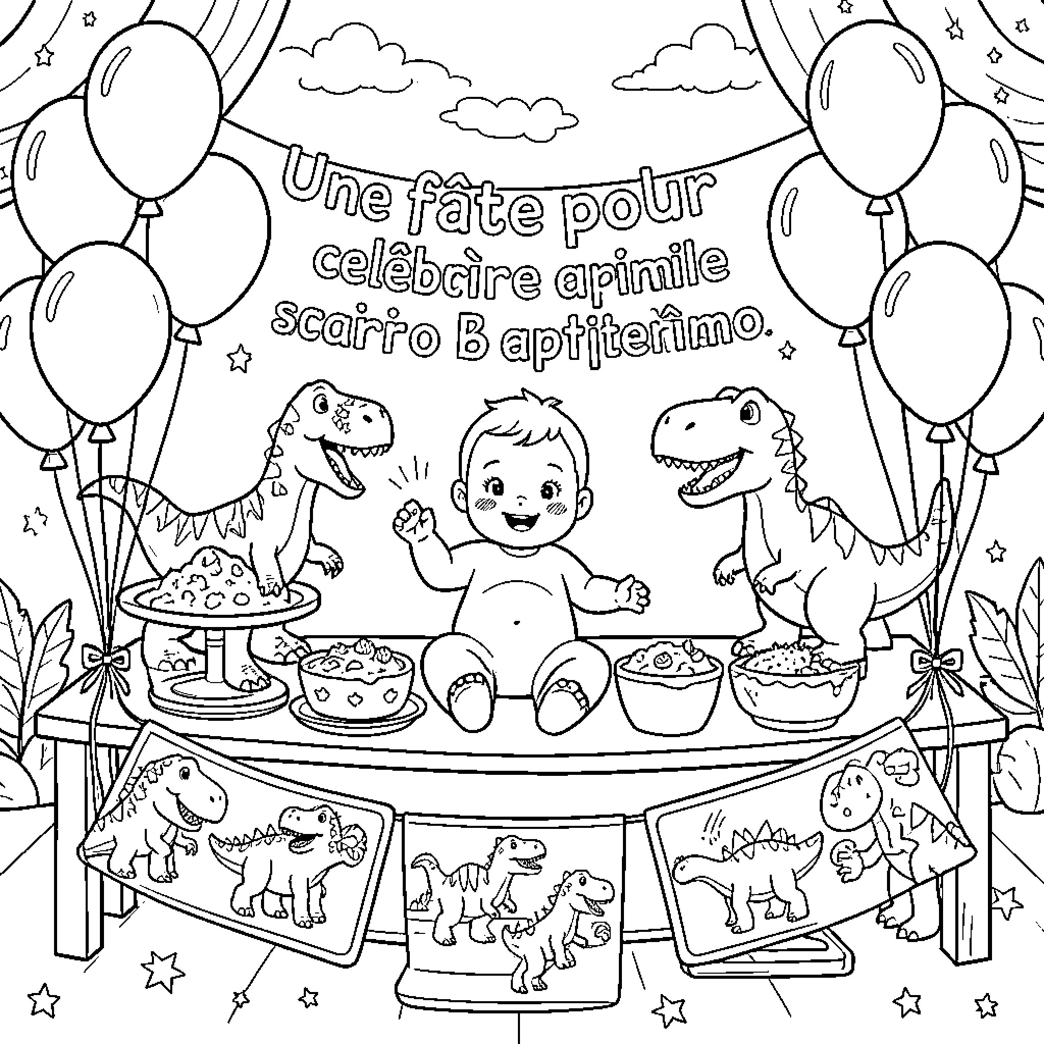 Dinosaur party celebrating with a happy baby Coloring Page (free black-and-white line drawing printable PDF for all, from beginners to advanced learners, including children, teens, adults, and seniors)