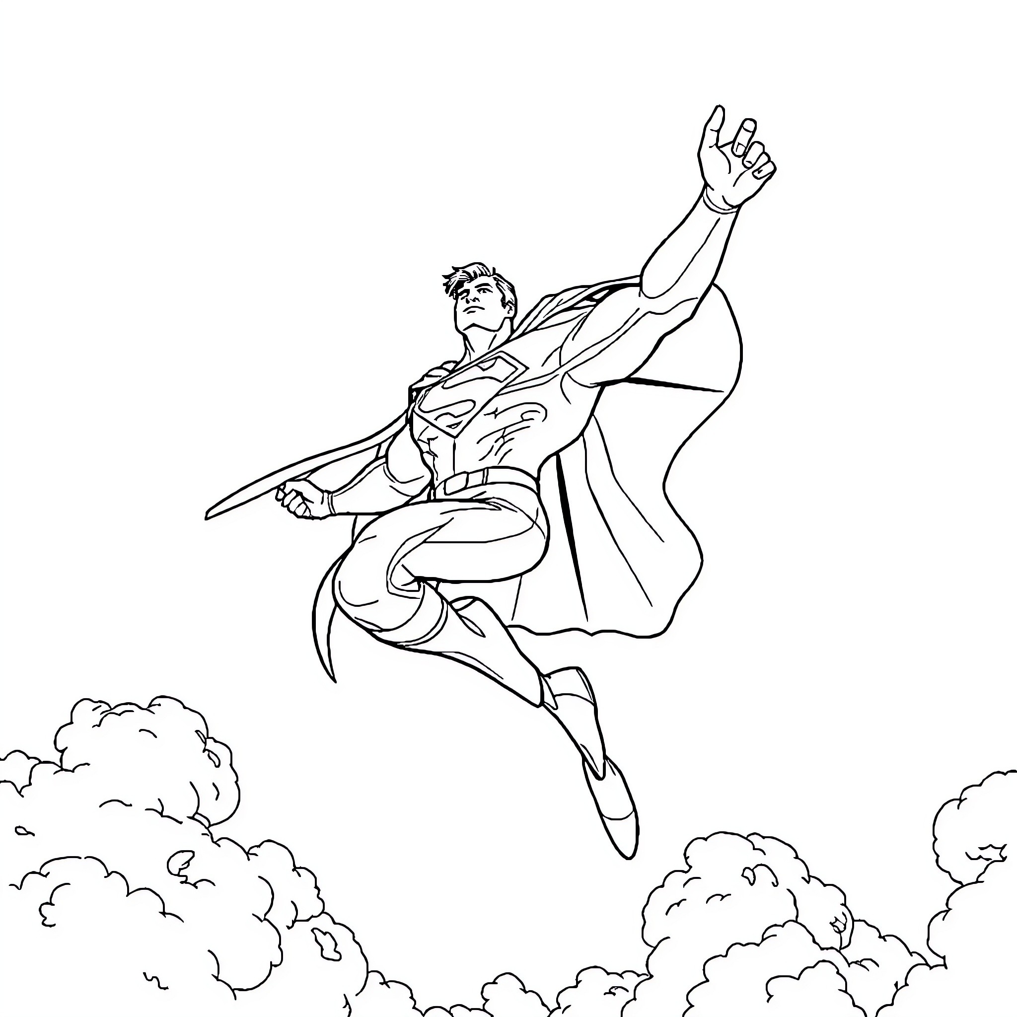Superman soaring through the clouds in heroic pose Coloring Page (free black-and-white line drawing printable PDF for all, from beginners to advanced learners, including children, teens, adults, and seniors)