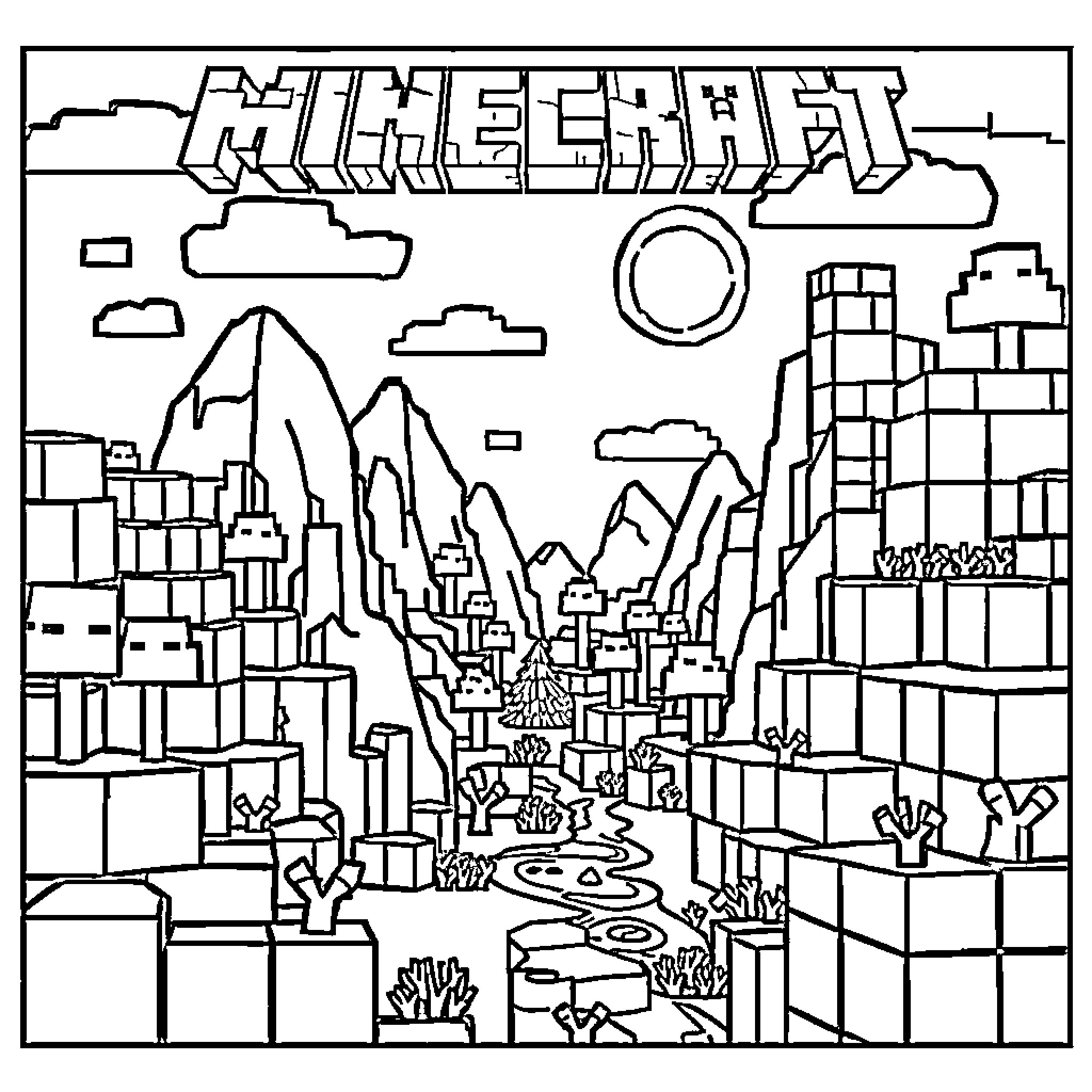 Minecraft Landscape with Mountains and Buildings Coloring Page (free black-and-white line drawing printable PDF for all, from beginners to advanced learners, including children, teens, adults, and seniors)