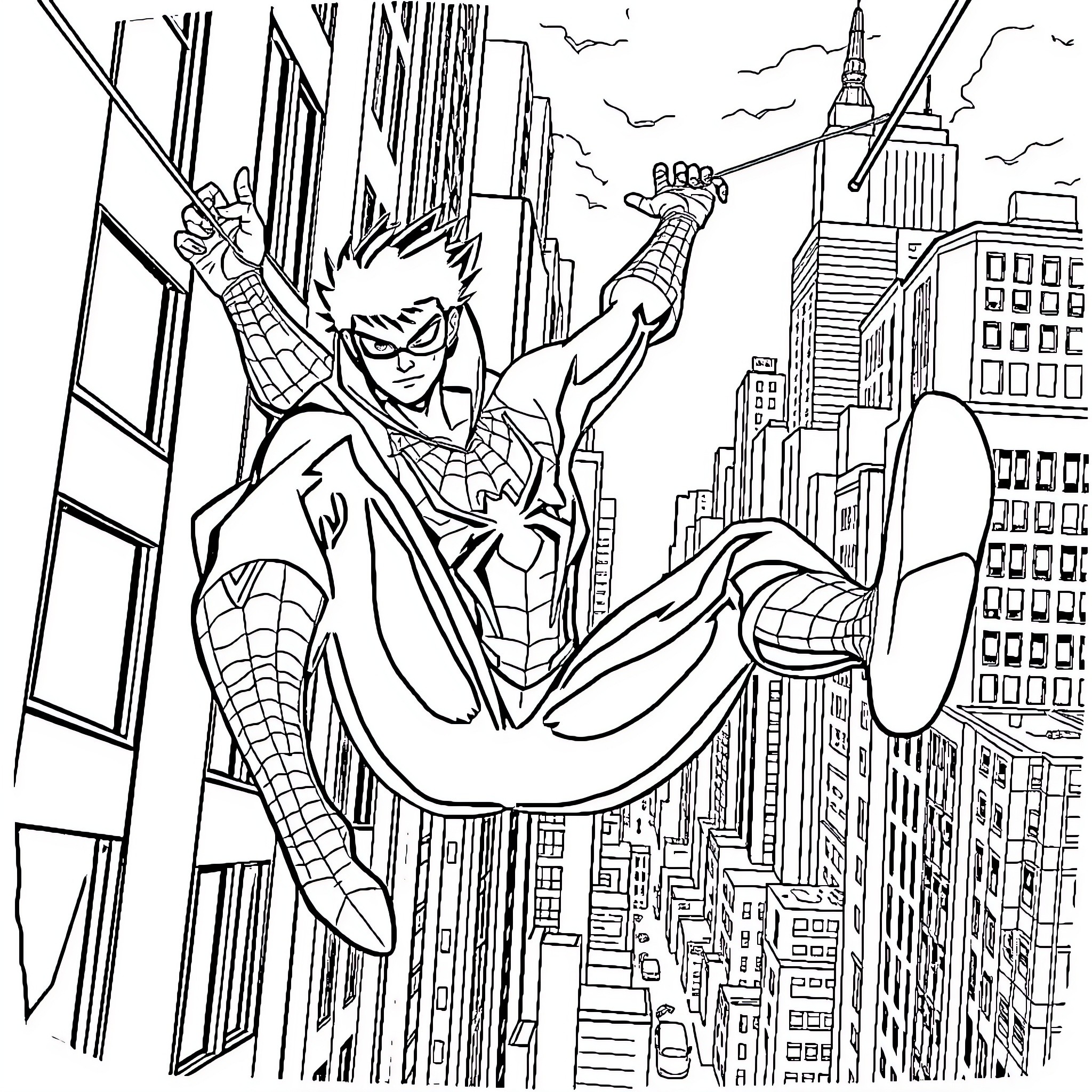 Miles Soaring Through the Cityscape Coloring Page (free black-and-white line drawing printable PDF for all, from beginners to advanced learners, including children, teens, adults, and seniors)