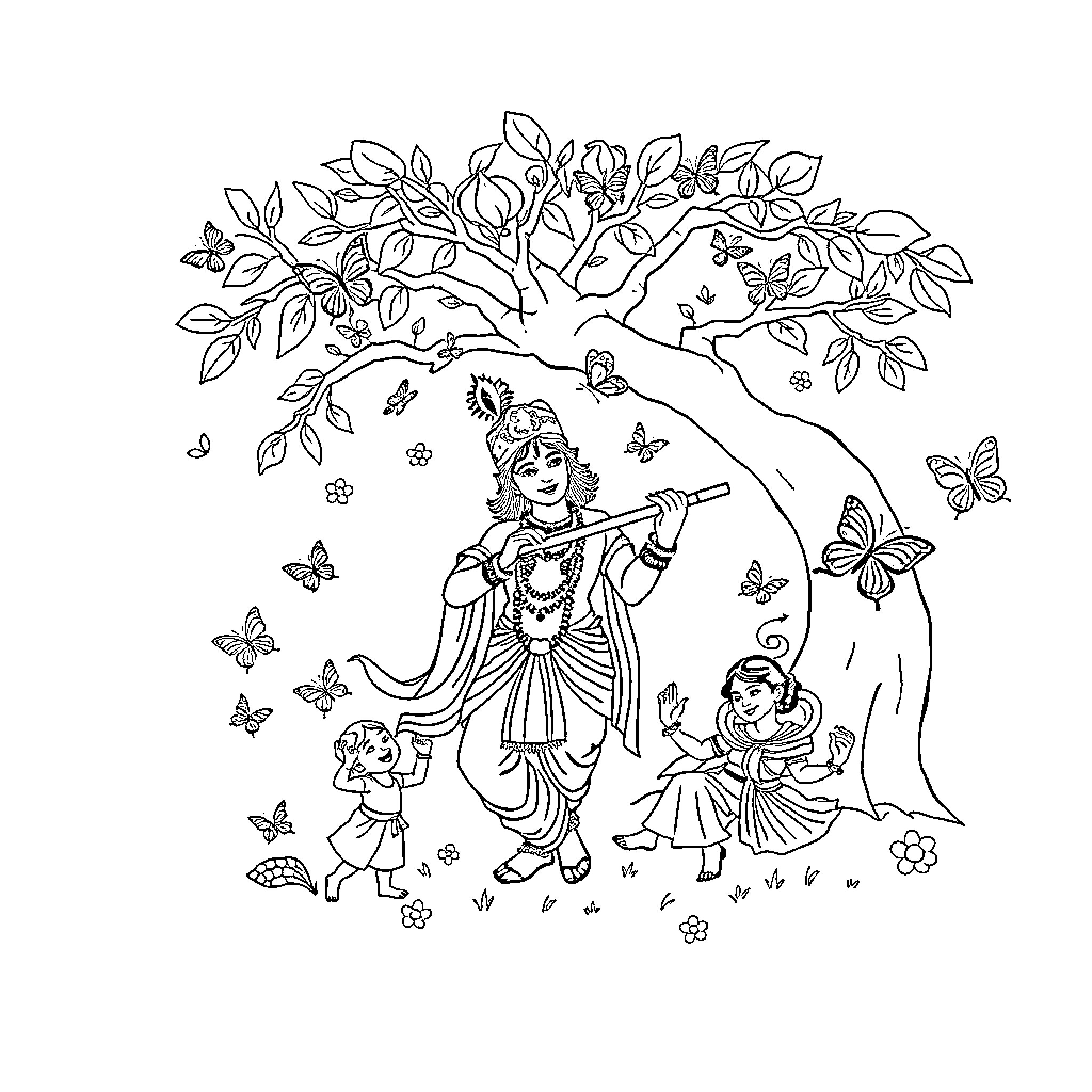 Krishna playing with children in a flowery garden Coloring Page (free black-and-white line drawing printable PDF for all, from beginners to advanced learners, including children, teens, adults, and seniors)