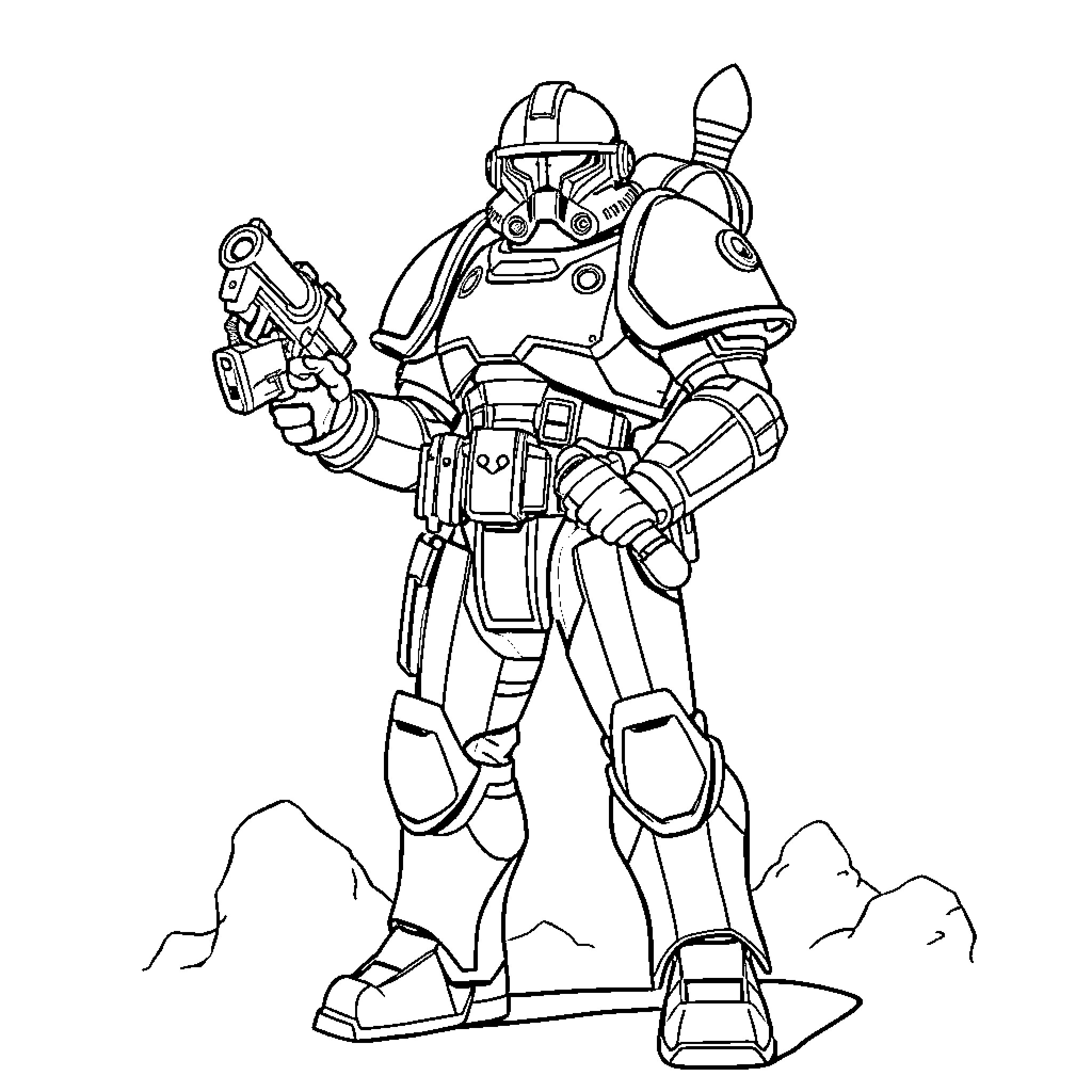 Spacemarine wielding advanced weaponry in rugged terrain Coloring Page (free black-and-white line drawing printable PDF for all, from beginners to advanced learners, including children, teens, adults, and seniors)
