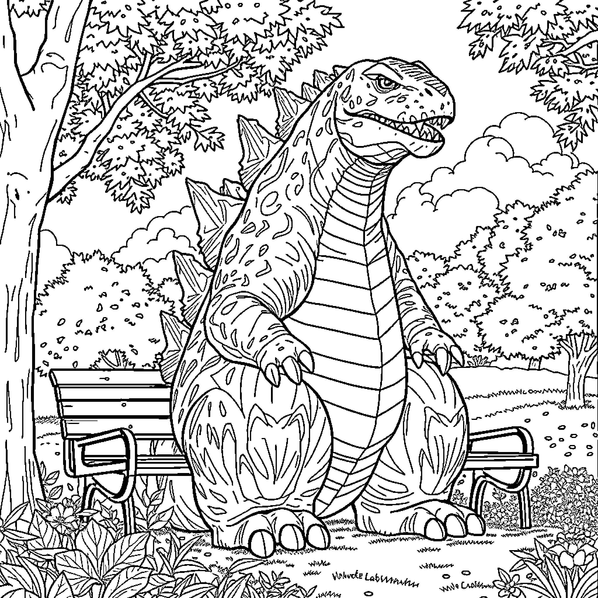 Godzilla relaxing in a park-like setting Coloring Page (free black-and-white line drawing printable PDF for all, from beginners to advanced learners, including children, teens, adults, and seniors)
