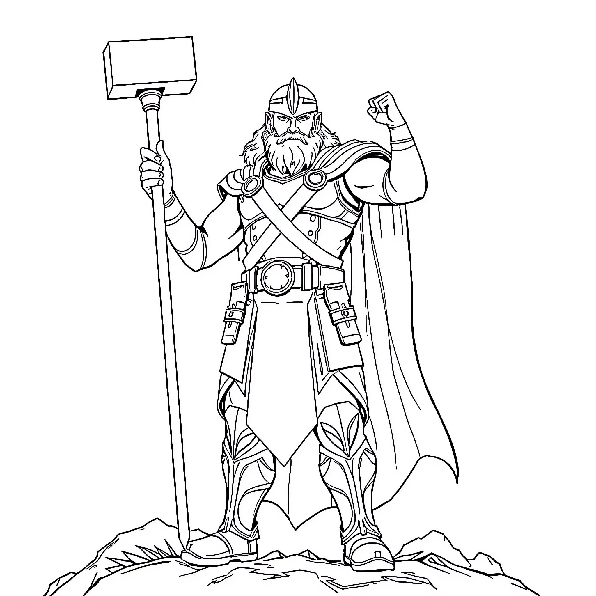 Soldier Warrior in Heroic Stance with Mace Coloring Page (free black-and-white line drawing printable PDF for all, from beginners to advanced learners, including children, teens, adults, and seniors)