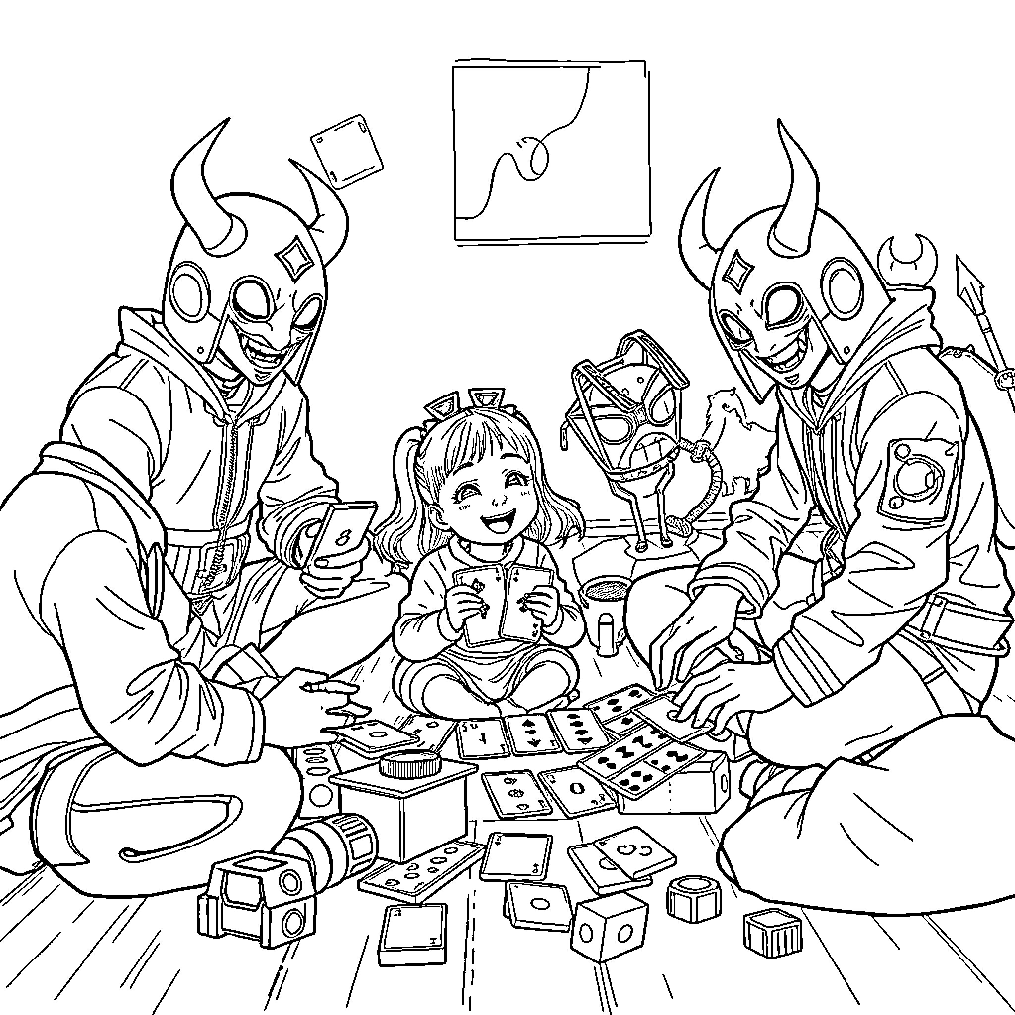 K Pop Characters Engage in Playful Activities Coloring Page (free black-and-white line drawing printable PDF for all, from beginners to advanced learners, including children, teens, adults, and seniors)
