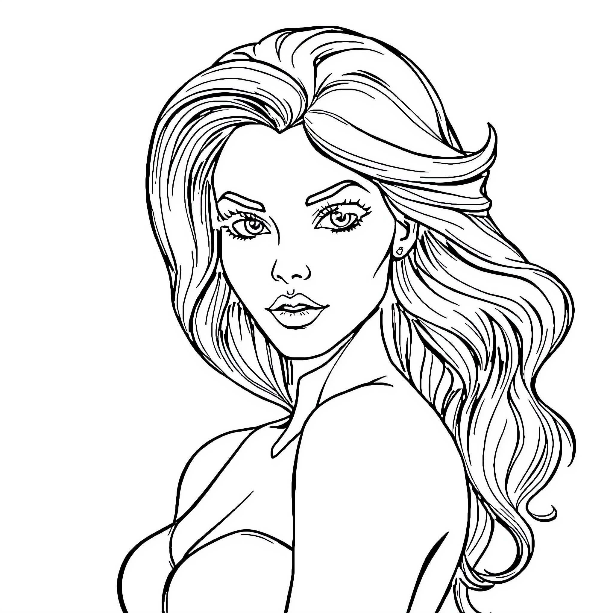 Woman with Flowing Hair and Striking Gaze Coloring Page (free black-and-white line drawing printable PDF for all, from beginners to advanced learners, including children, teens, adults, and seniors)