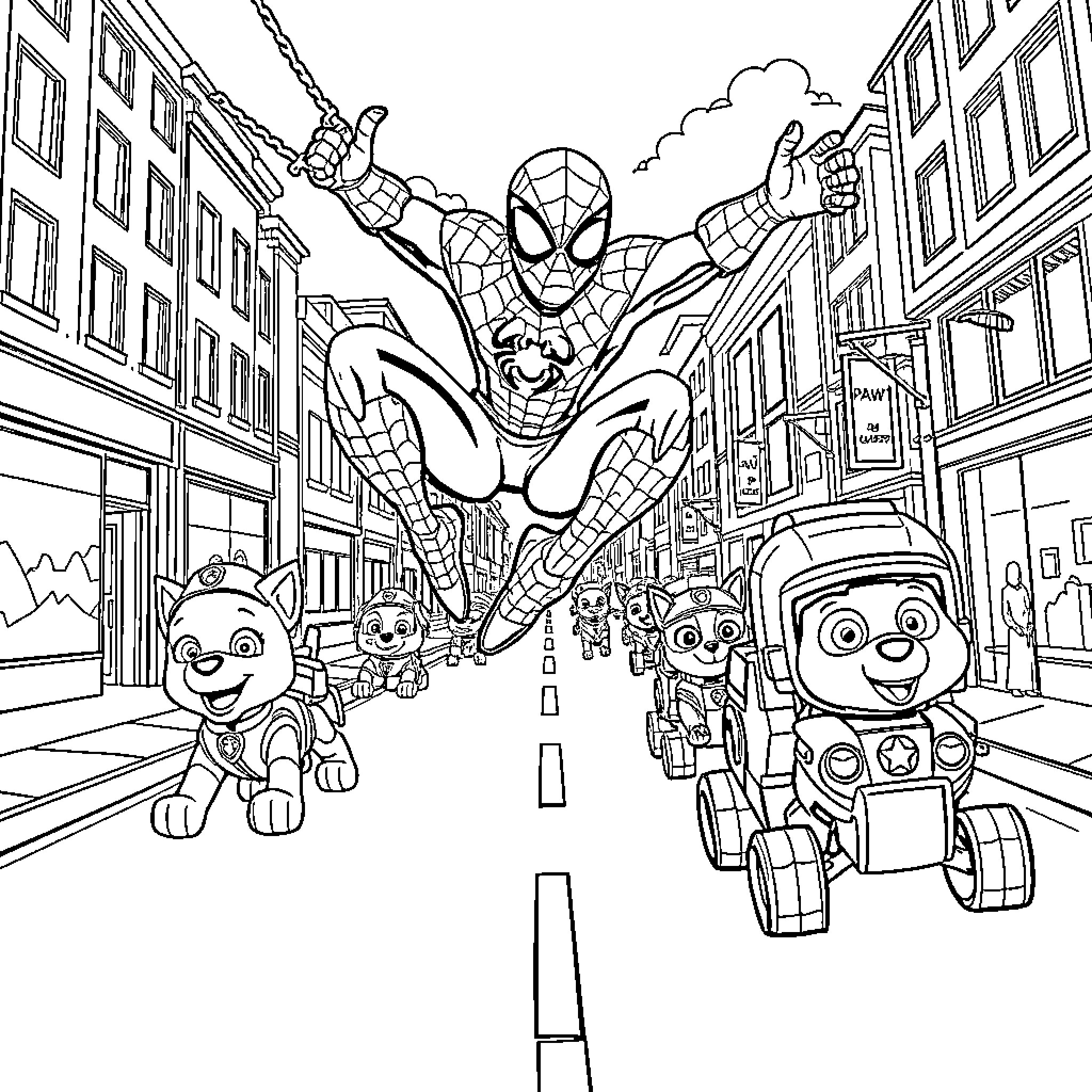 Spiderman swinging through city with cartoon friends Coloring Page (free black-and-white line drawing printable PDF for all, from beginners to advanced learners, including children, teens, adults, and seniors)