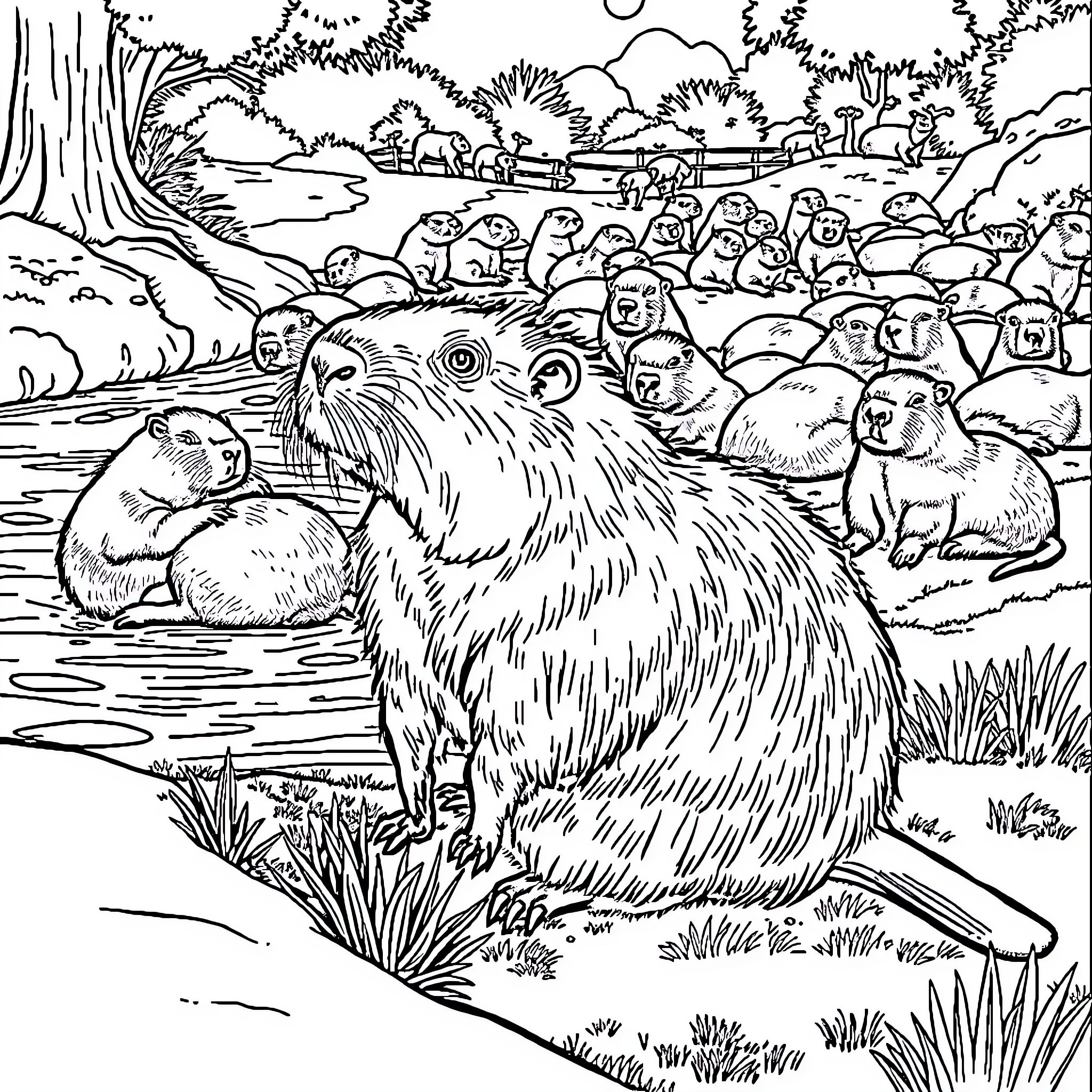 Capybara and its companions in a peaceful setting Coloring Page (free black-and-white line drawing printable PDF for all, from beginners to advanced learners, including children, teens, adults, and seniors)