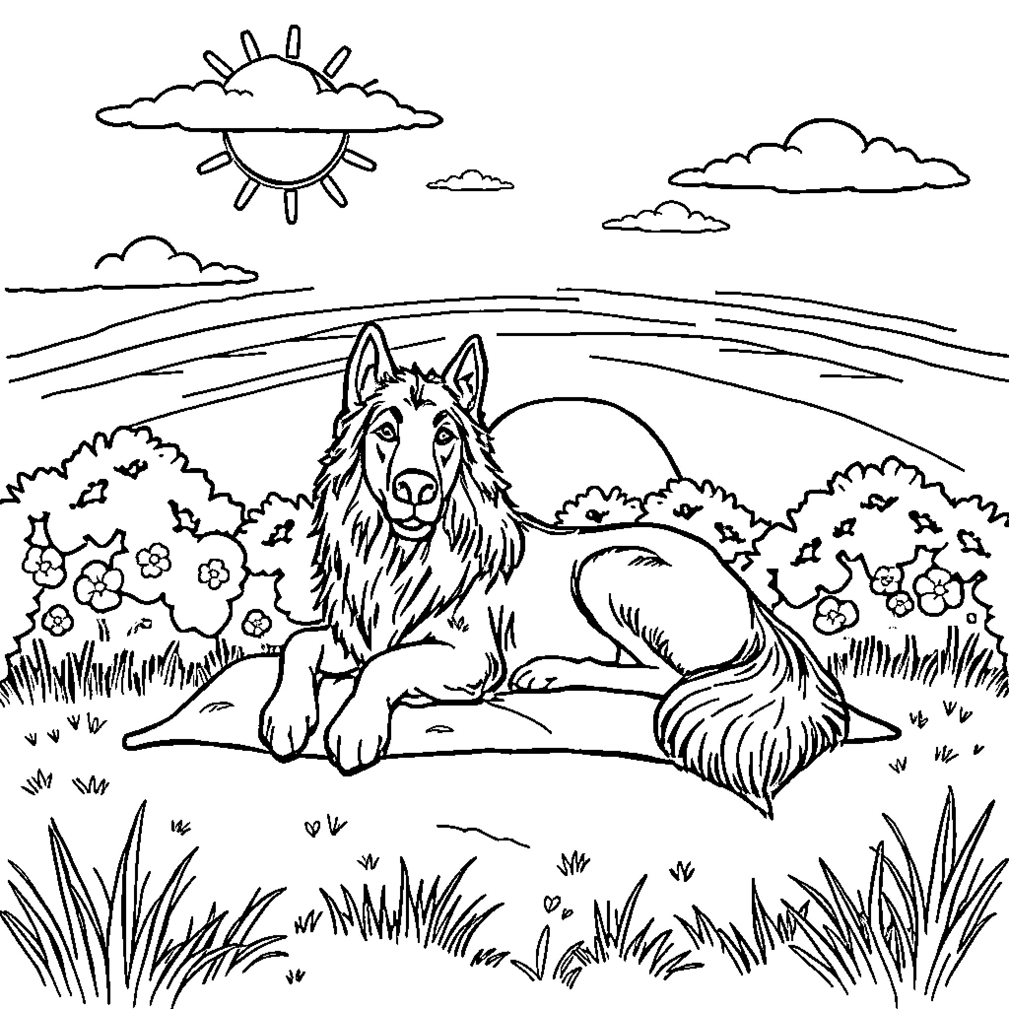 Hond resting peacefully in a natural landscape Coloring Page (free black-and-white line drawing printable PDF for all, from beginners to advanced learners, including children, teens, adults, and seniors)