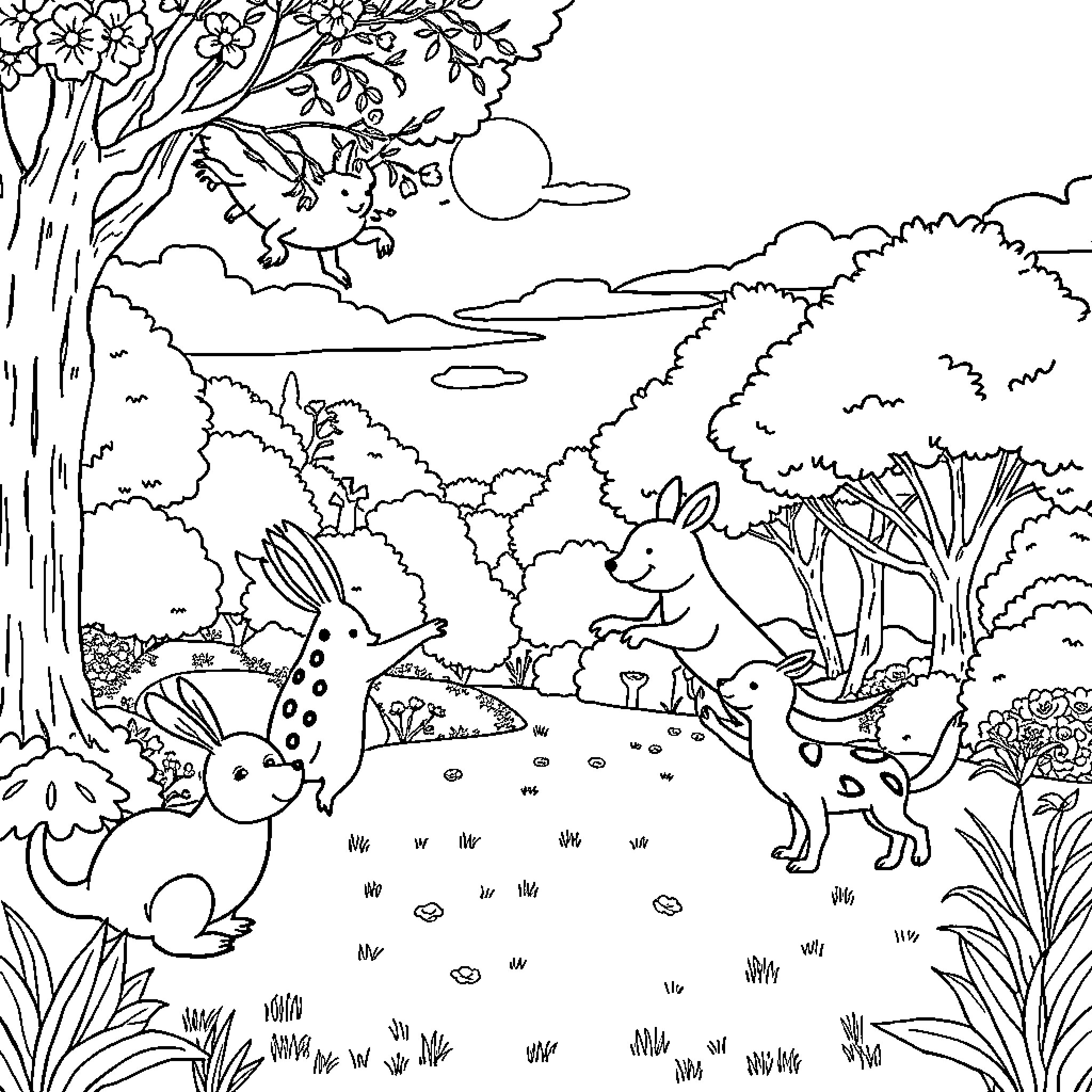 Animal friends exploring the enchanted forest Coloring Page (free black-and-white line drawing printable PDF for all, from beginners to advanced learners, including children, teens, adults, and seniors)