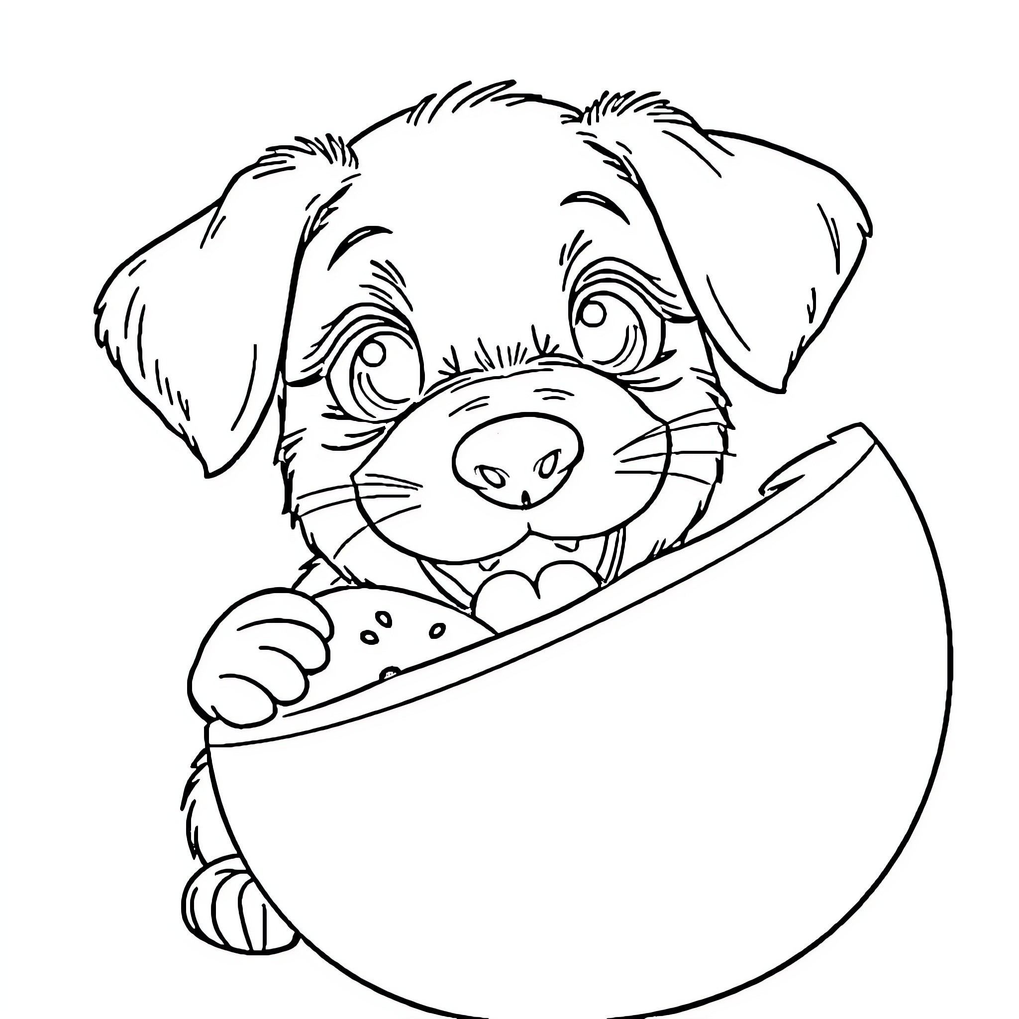 Puppy peeking out from a bowl Coloring Page (free black-and-white line drawing printable PDF for all, from beginners to advanced learners, including children, teens, adults, and seniors)