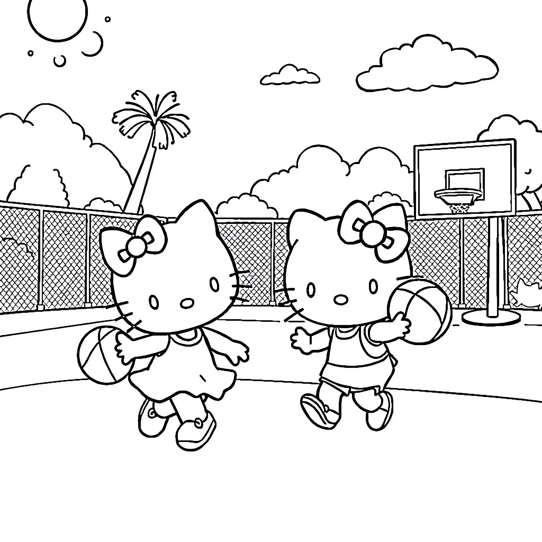Hello Kitty playing basketball with friends Coloring Page (free black-and-white line drawing printable PDF for all, from beginners to advanced learners, including children, teens, adults, and seniors)