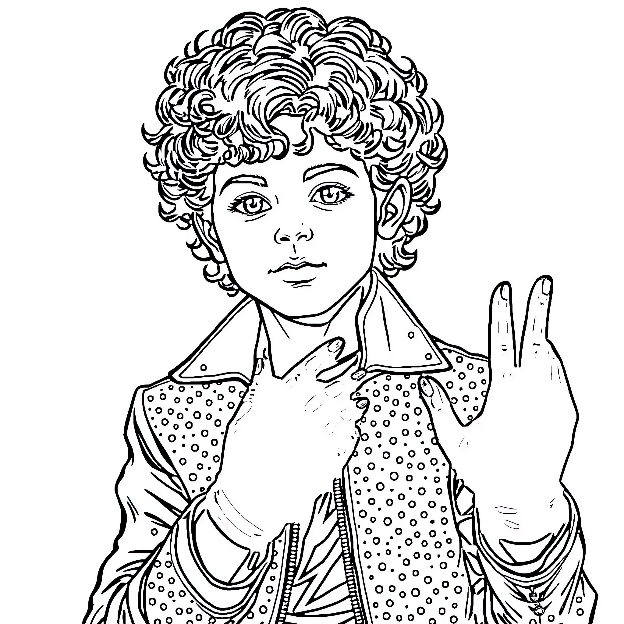 Boy making a hand gesture in a patterned outfit Coloring Page (free black-and-white line drawing printable PDF for all, from beginners to advanced learners, including children, teens, adults, and seniors)