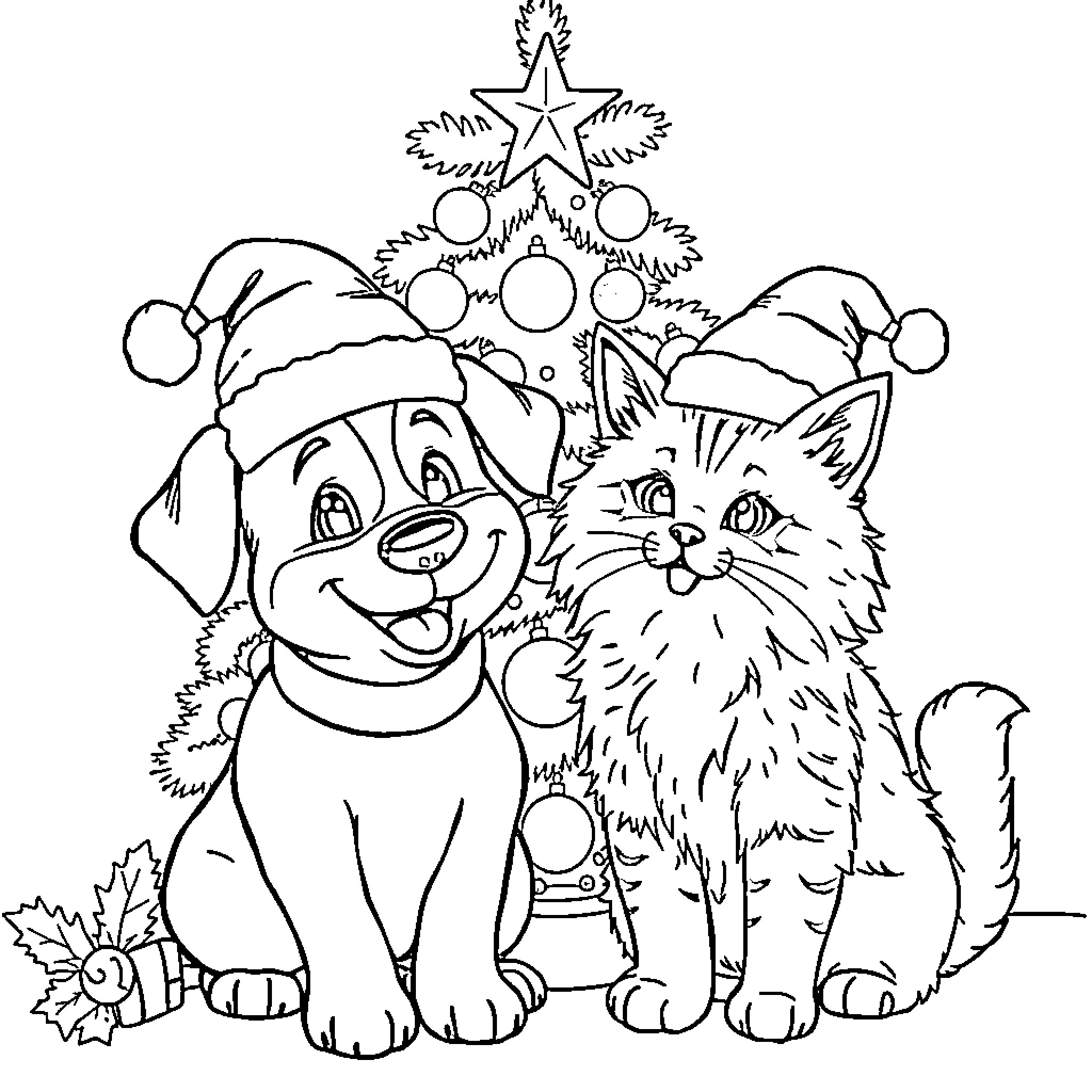 Dog and Cat Celebrating Christmas Together Coloring Page (free black-and-white line drawing printable PDF for all, from beginners to advanced learners, including children, teens, adults, and seniors)