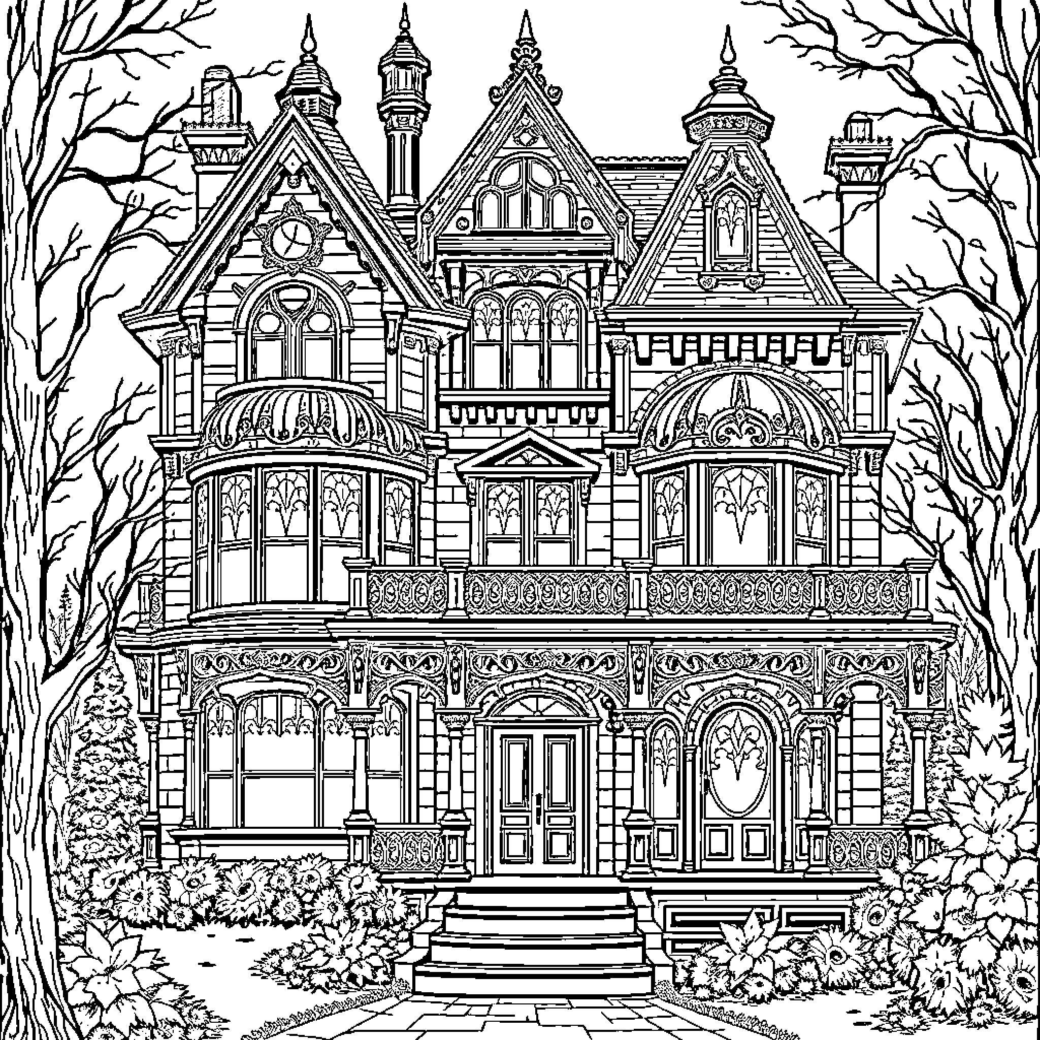 Victoria's Enchanting Victorian Mansion Amidst Nature's Embrace Coloring Page (free black-and-white line drawing printable PDF for all, from beginners to advanced learners, including children, teens, adults, and seniors)