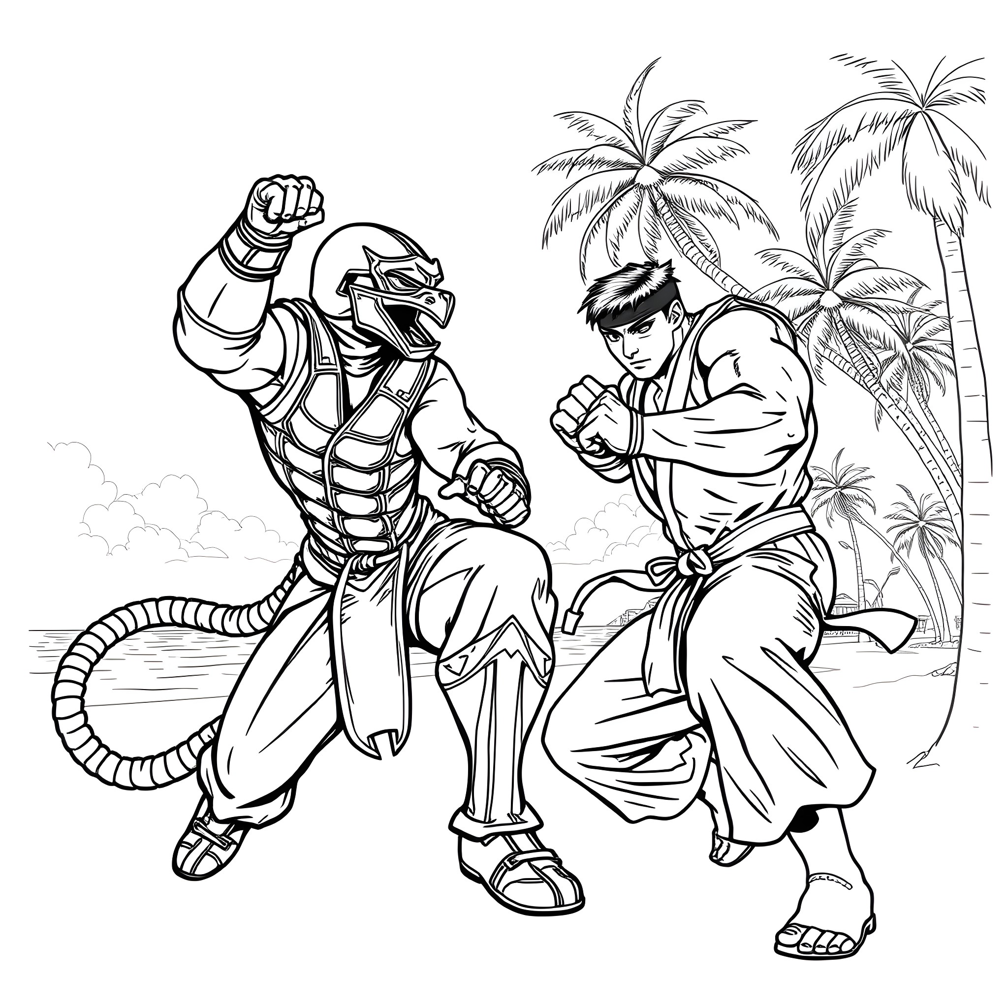 Scorpion warriors fighting in tropical paradise Coloring Page (free black-and-white line drawing printable PDF for all, from beginners to advanced learners, including children, teens, adults, and seniors)