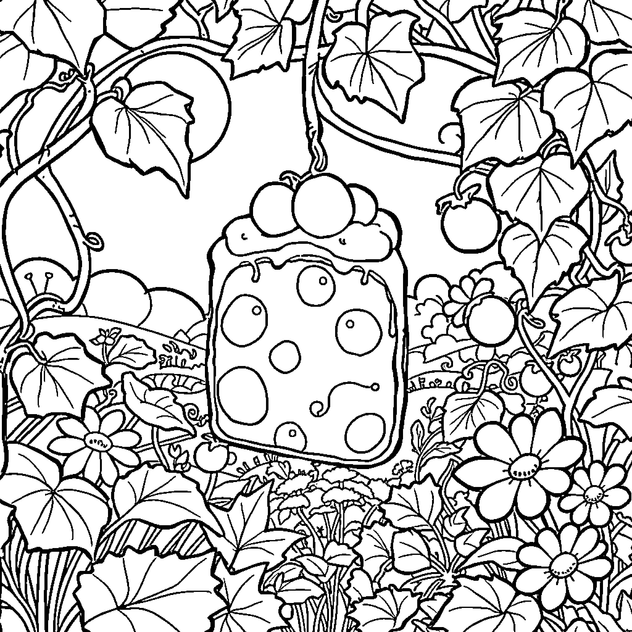Fruitcake in a whimsical garden scene Coloring Page (free black-and-white line drawing printable PDF for all, from beginners to advanced learners, including children, teens, adults, and seniors)